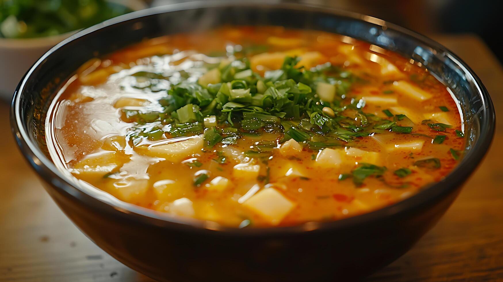 Close Up of a Delicious Bowl of Spicy Tofu Soup, Garnished with Fresh Herbs. photo