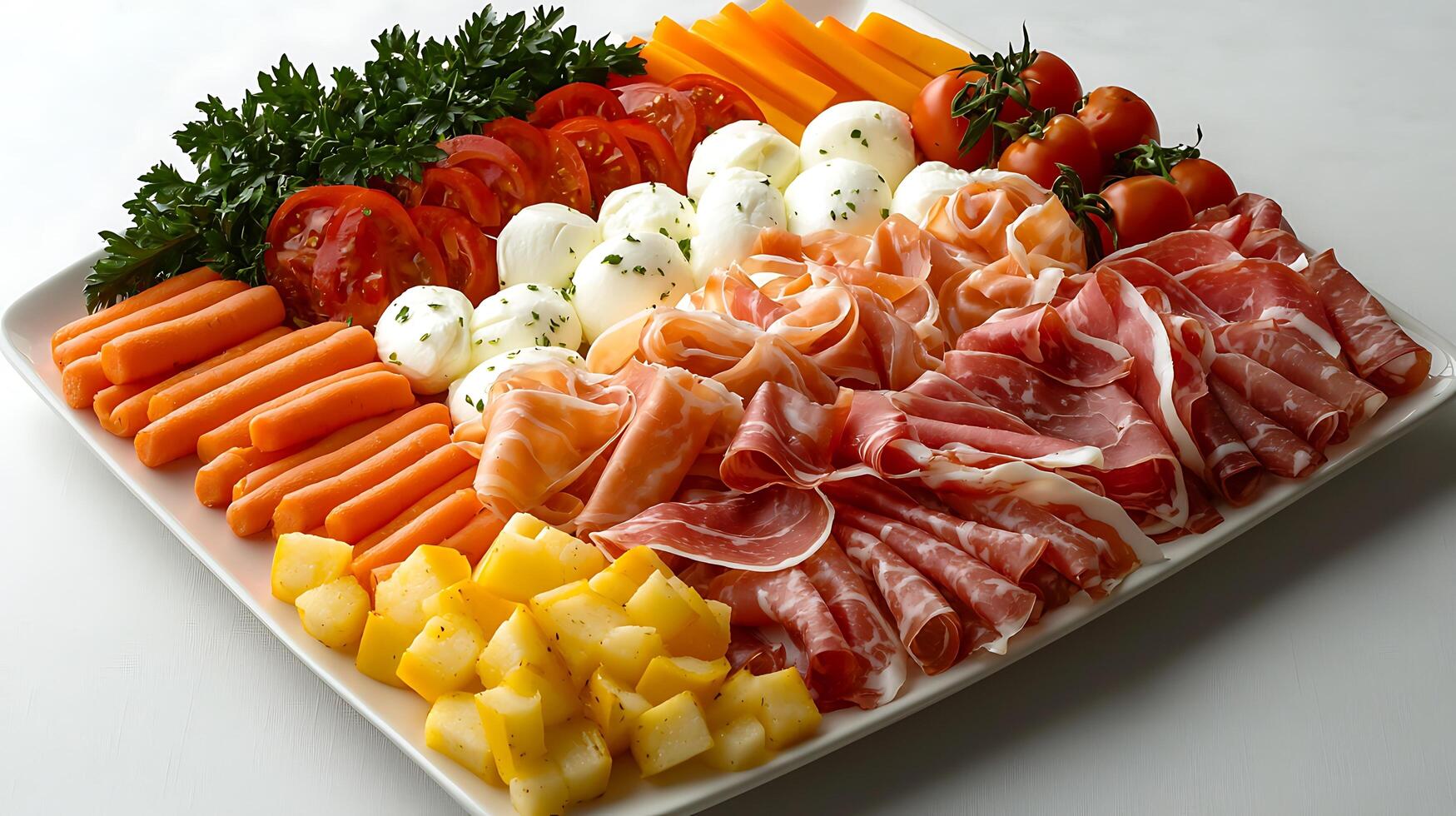 Delicious Italian Antipasto Platter with Prosciutto, Mozzarella, and Vegetables. photo