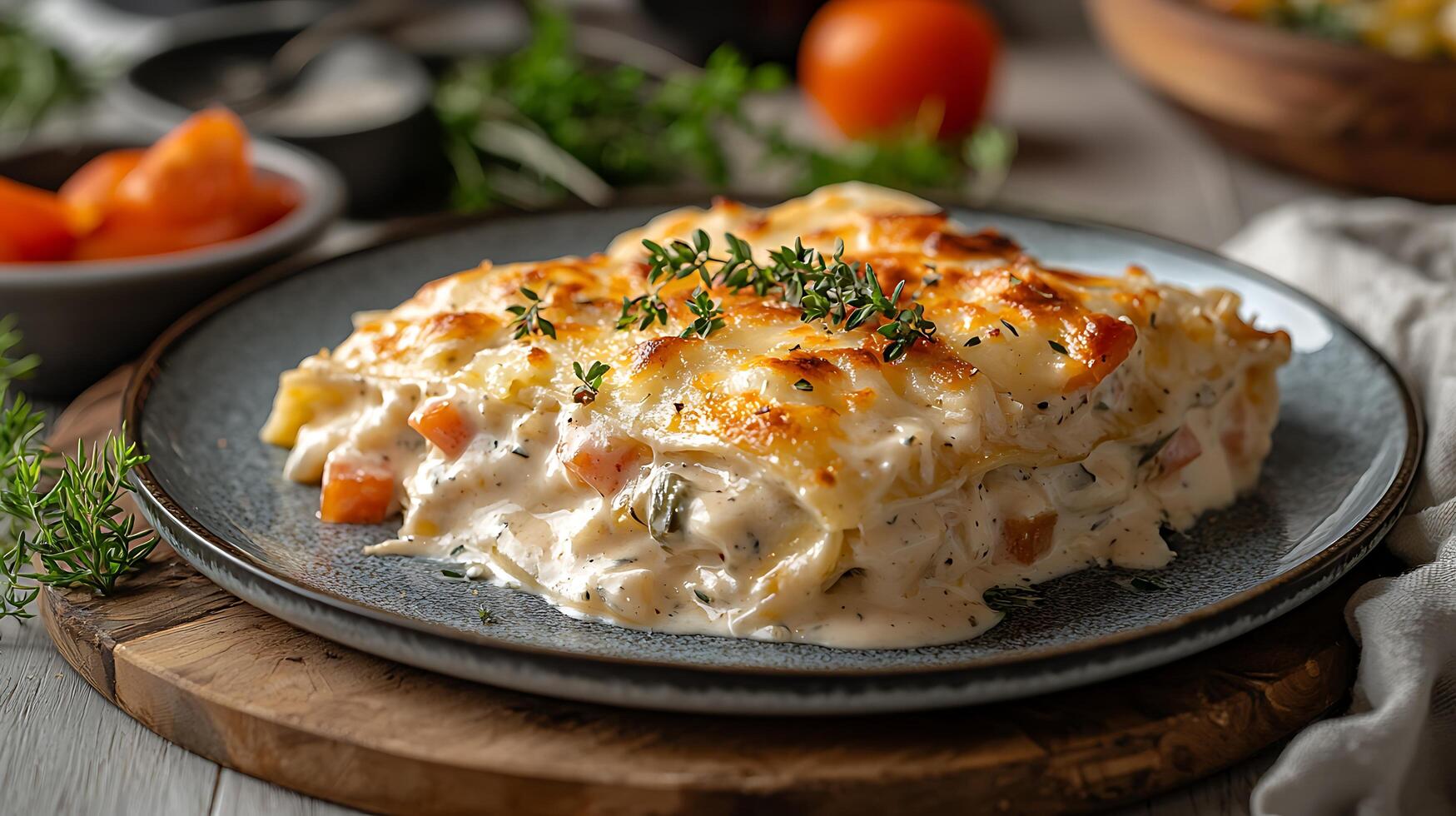 Creamy Vegetable Lasagna, Close Up Food Photography. photo