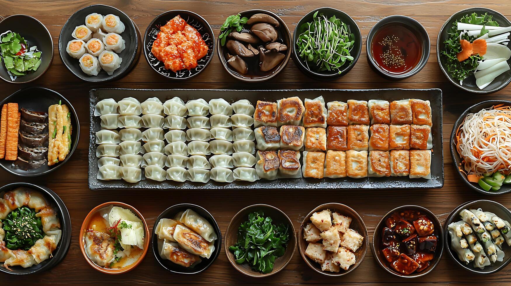 Delicious Asian Dumpling Feast A Top-Down View of Various Dumplings and Side Dishes. photo