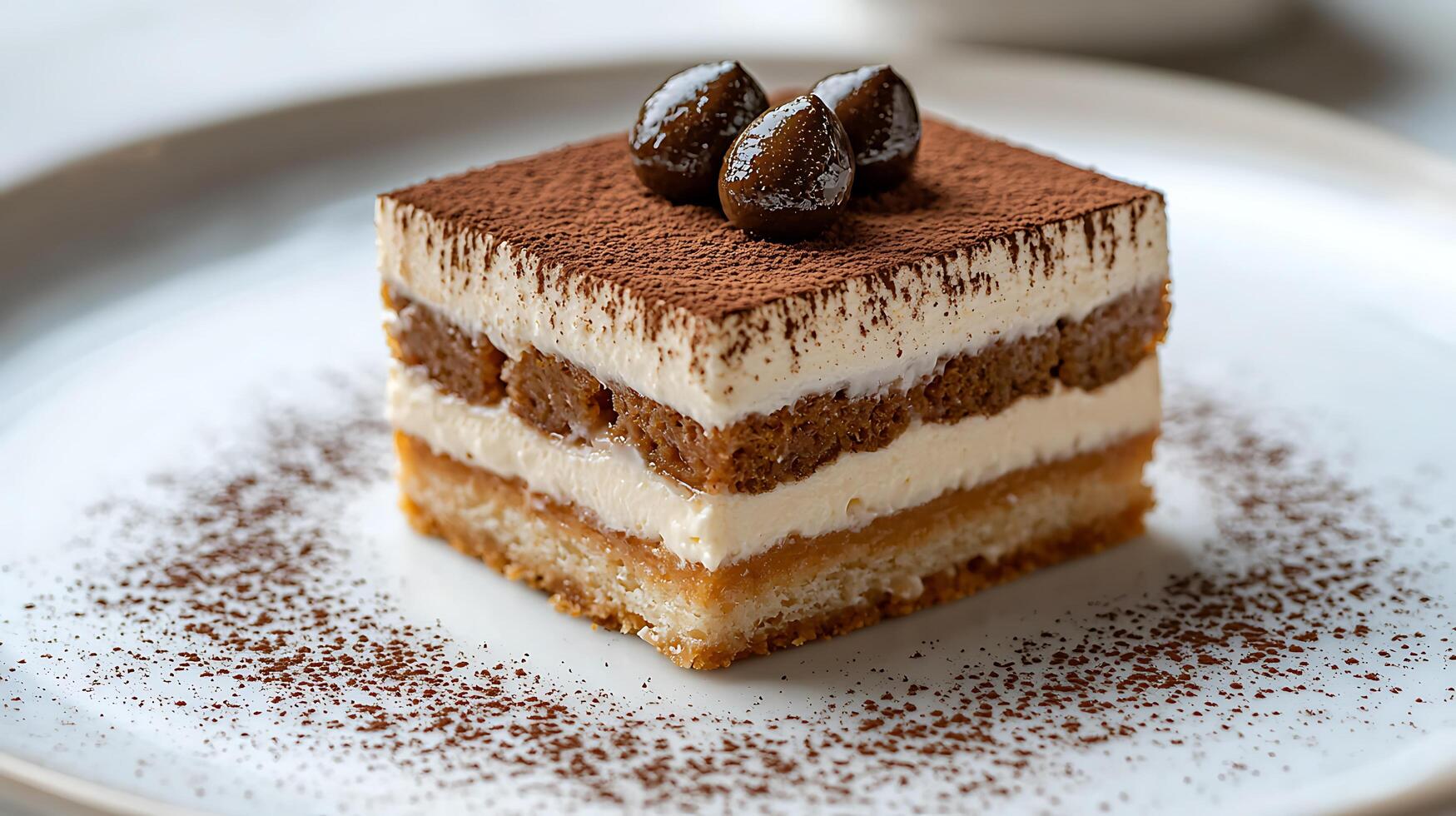Close up of a delicious Tiramisu dessert, elegantly plated. photo