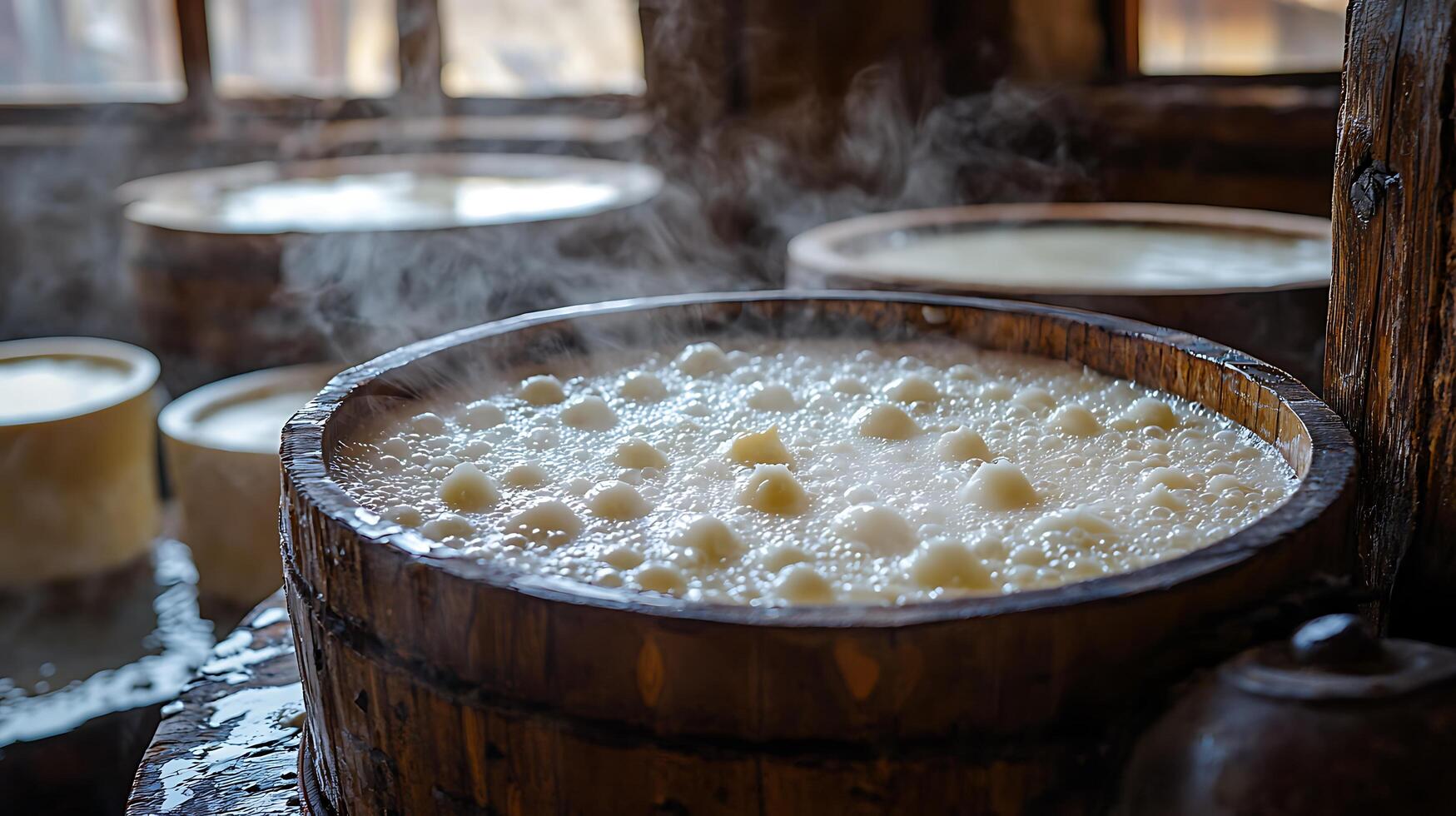 Close Up of Steaming Dumplings in Wooden Tubs at Traditional Food Preparation. photo