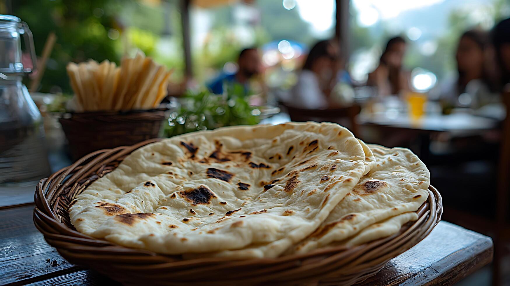 Close up of freshly baked flatbreads in a wicker basket at an outdoor restaurant. photo