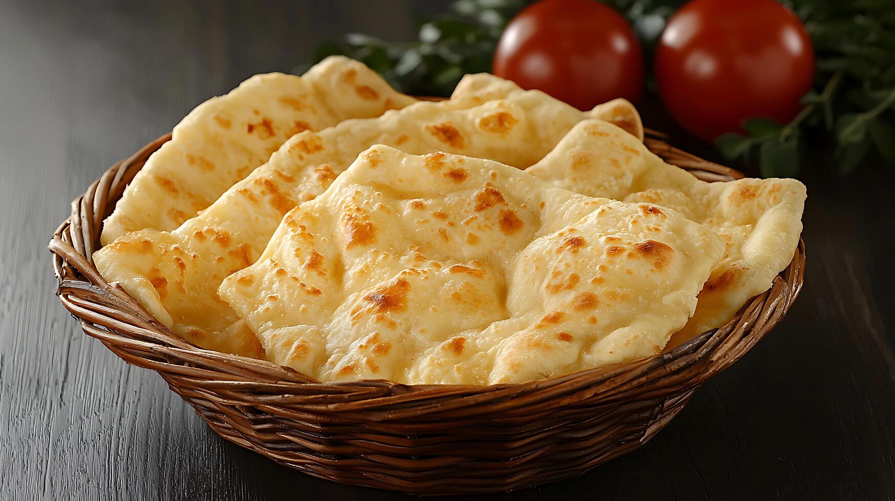 Golden Brown Naan Bread in a Rustic Basket, Close Up Food Photography. photo