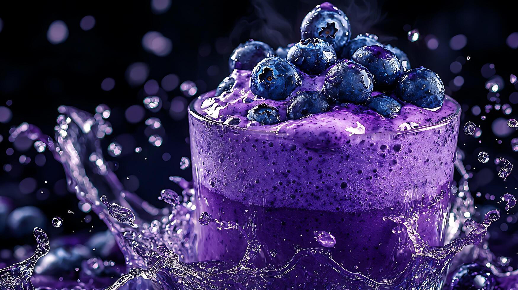 Close up of a vibrant purple blueberry smoothie with fresh blueberries and a water splash. photo