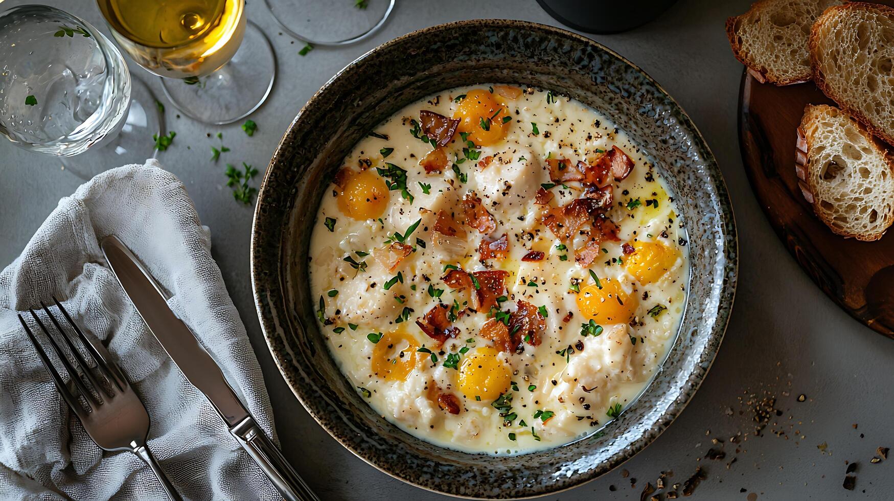 Creamy Seafood and Egg Dish with Crispy Bacon, Overhead View. photo