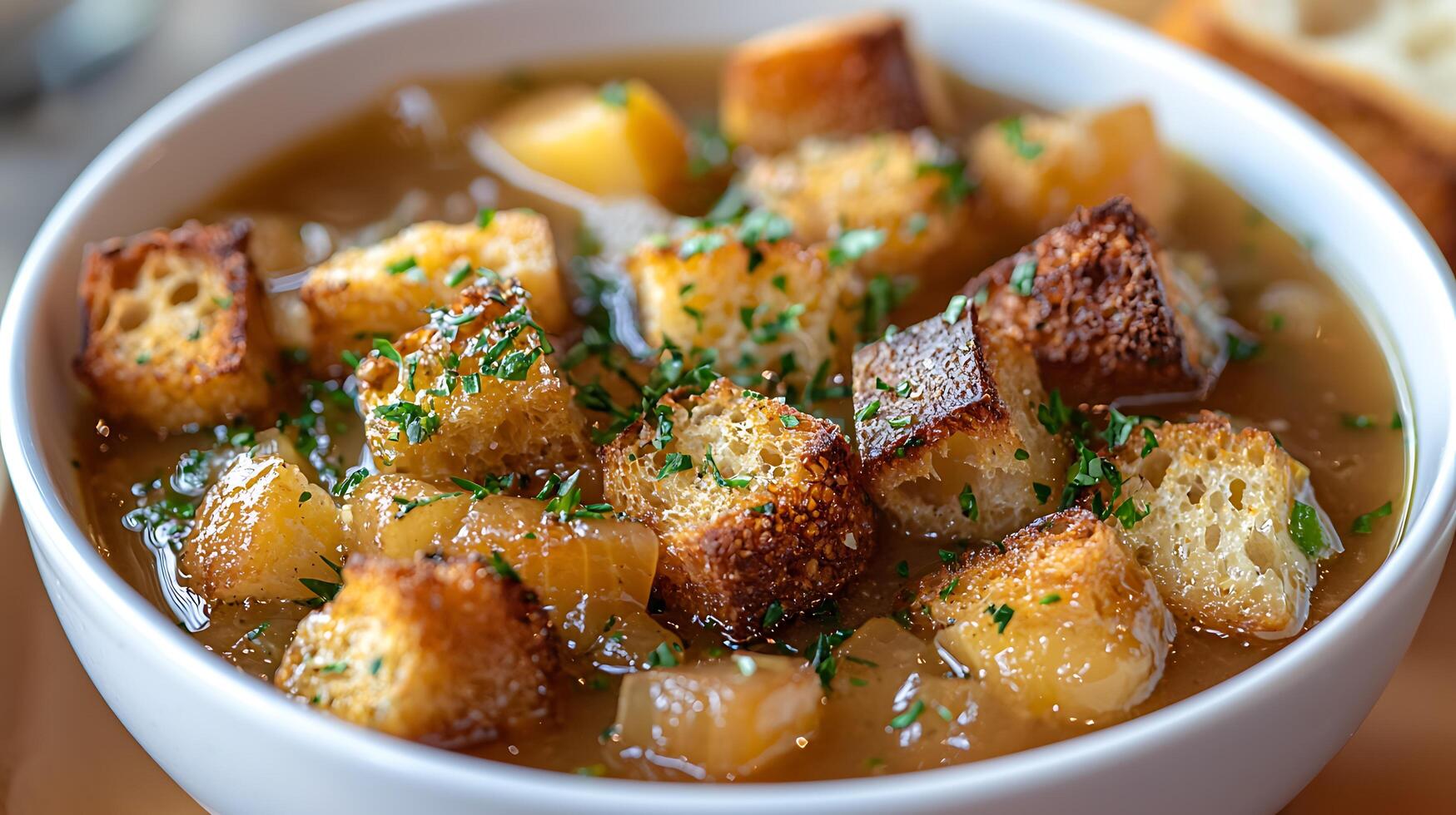 Close Up of French Onion Soup with Toasted Croutons. photo