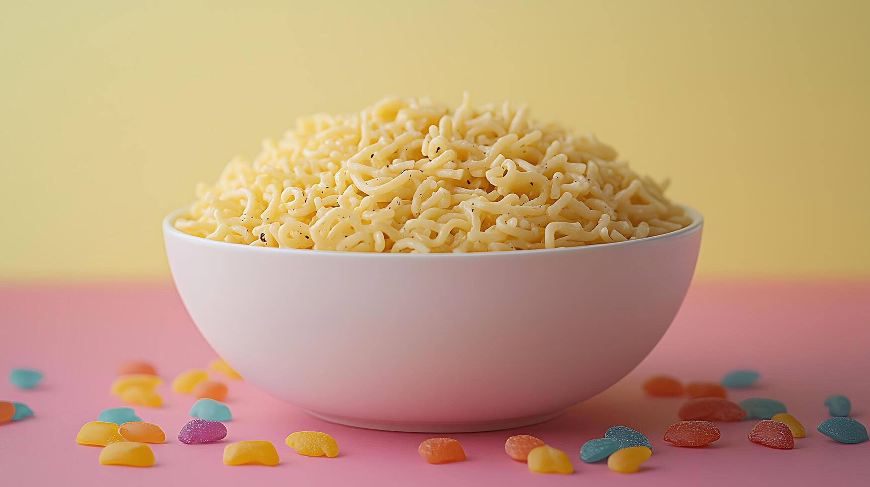 Bowl of Noodles with Colorful Candies on Pink Background A Sweet and Savory Still Life. photo