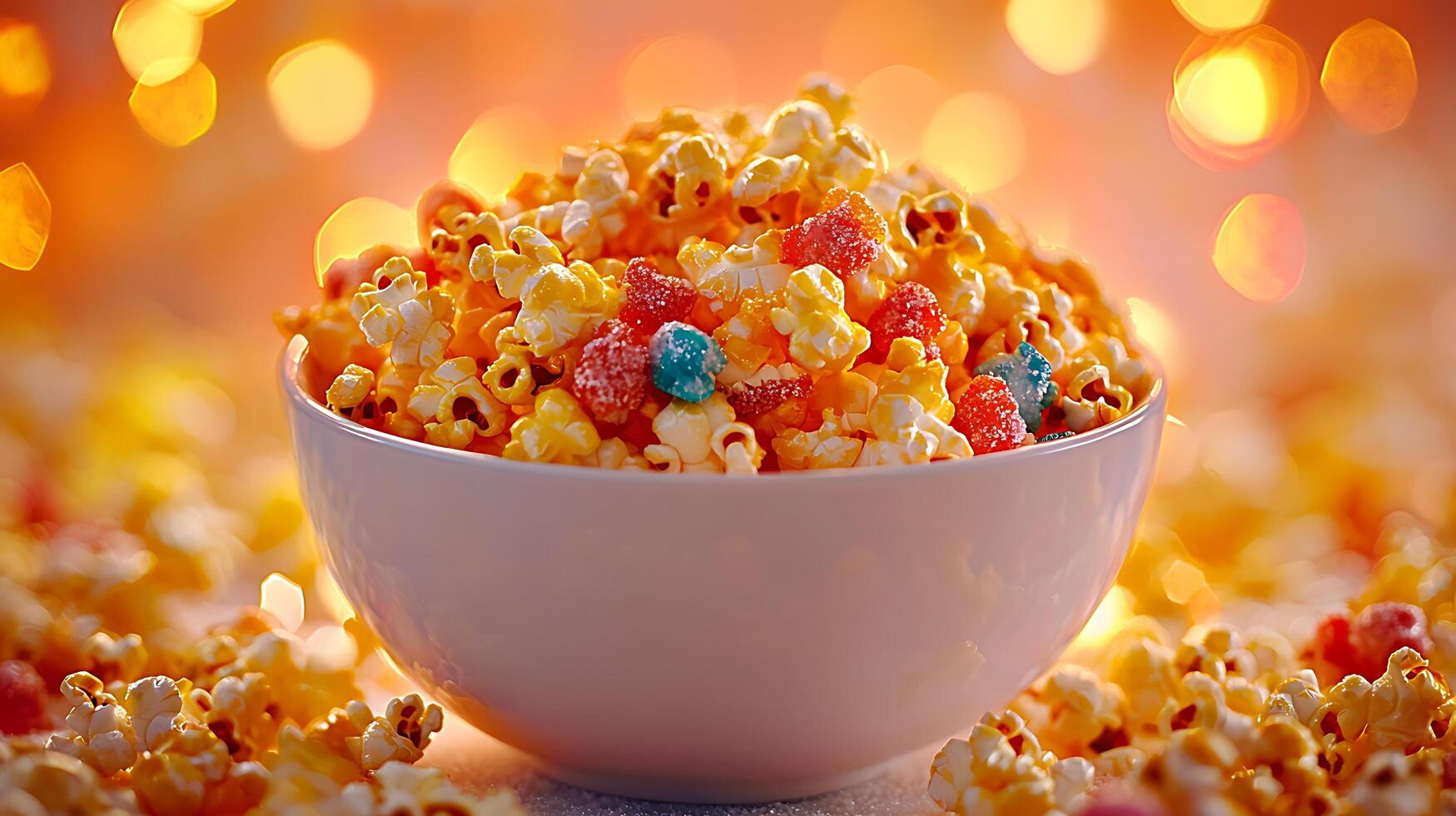 Sweet and Savory Popcorn in a Bowl with Festive Bokeh Background. A delicious treat perfect for movie nights or special occasions. photo