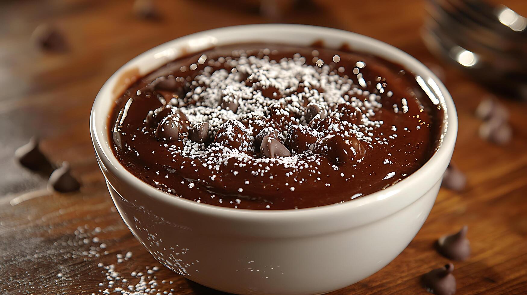 Delicious Chocolate Dessert in a White Bowl Close Up of Creamy Chocolate Pudding with Chocolate Chips and Powdered Sugar. photo
