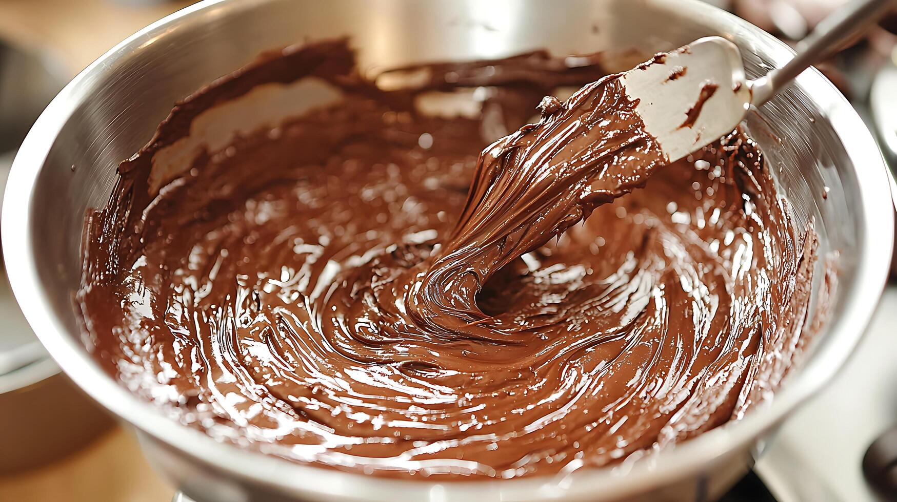 Close up of Melted Chocolate Being Stirred in a Metal Bowl. photo
