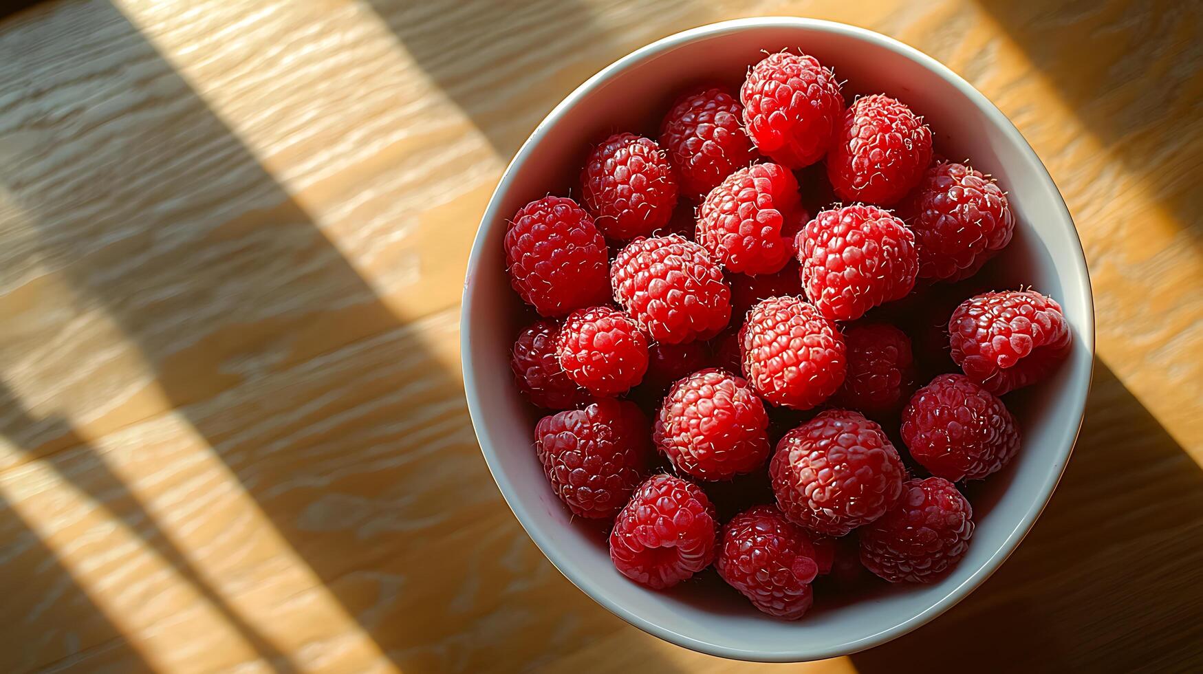 Bowl of Fresh Raspberries in Sunlight. A close up image of ripe raspberries in a white bowl on a wooden surface, bathed in warm sunlight. photo