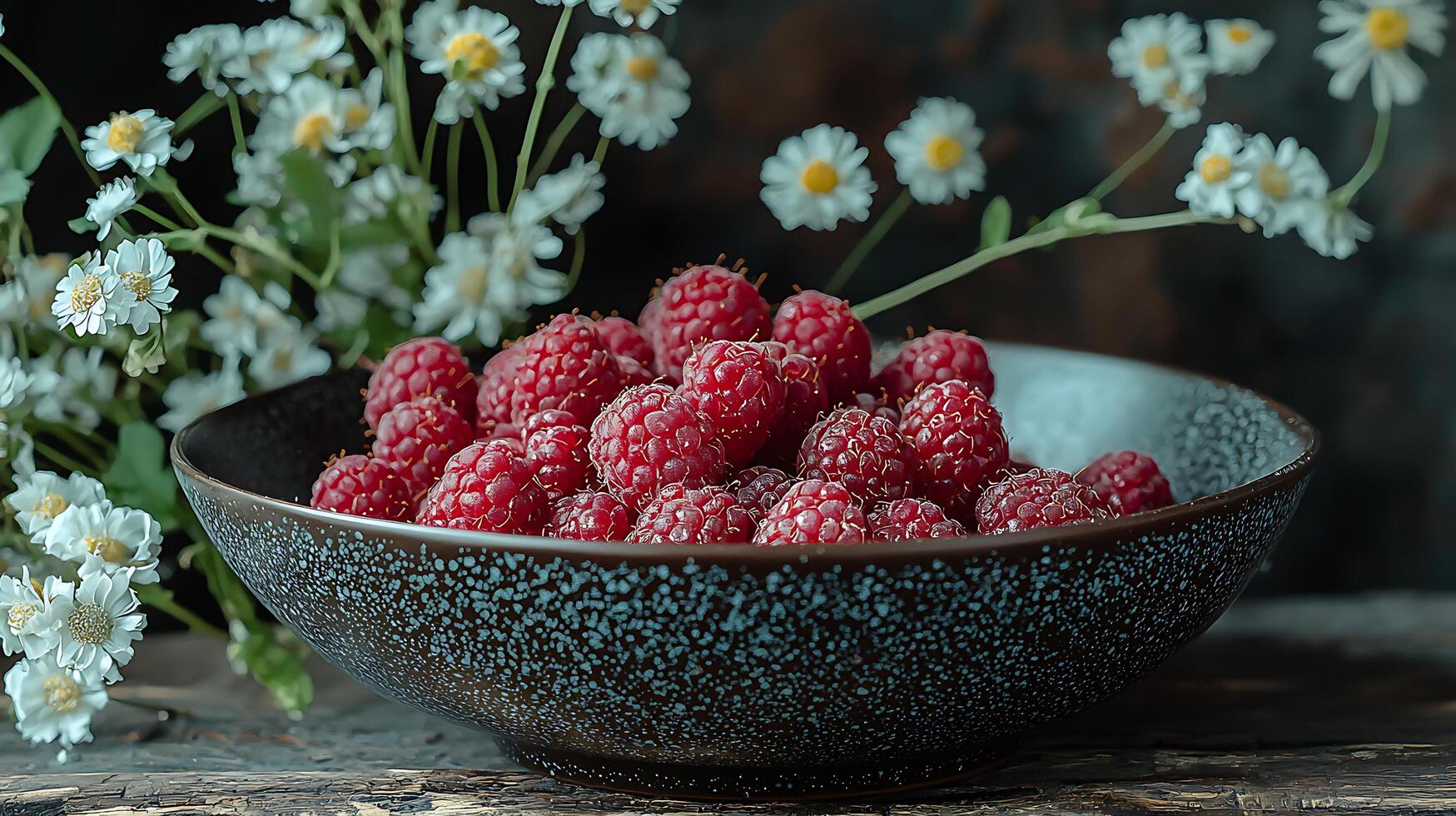 Fresh Raspberries in a Rustic Bowl with Daisies. A close up image of a bowl filled with ripe raspberries, accented by delicate white daisies. photo