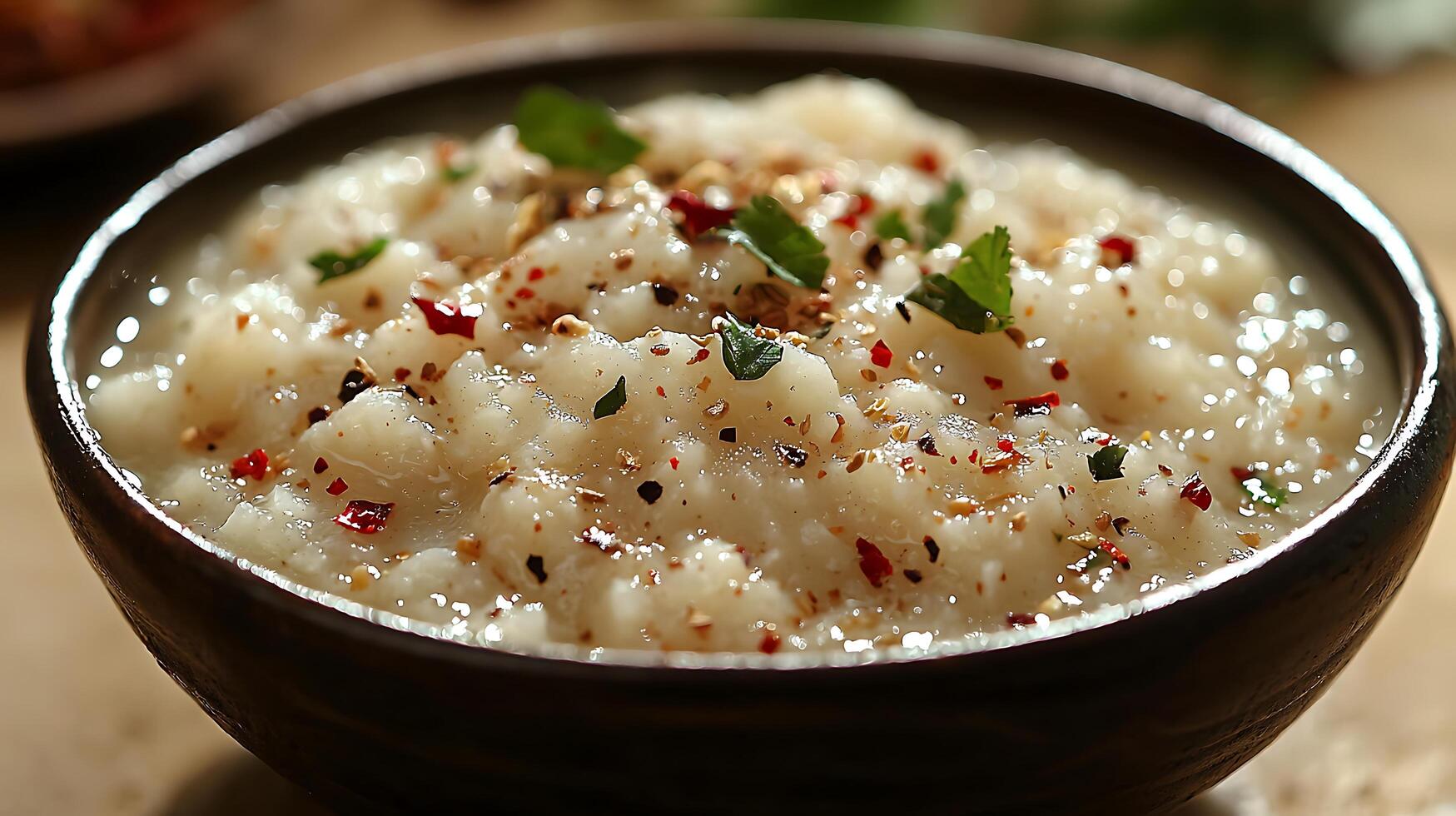 Close Up of Creamy Mashed Potatoes with Herbs and Spices in a Rustic Bowl. photo