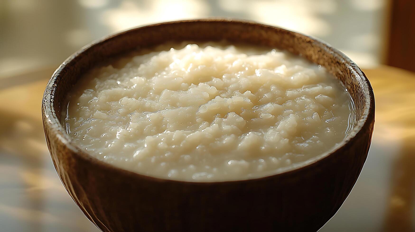 Close up of Creamy Rice Porridge in a Wooden Bowl. photo