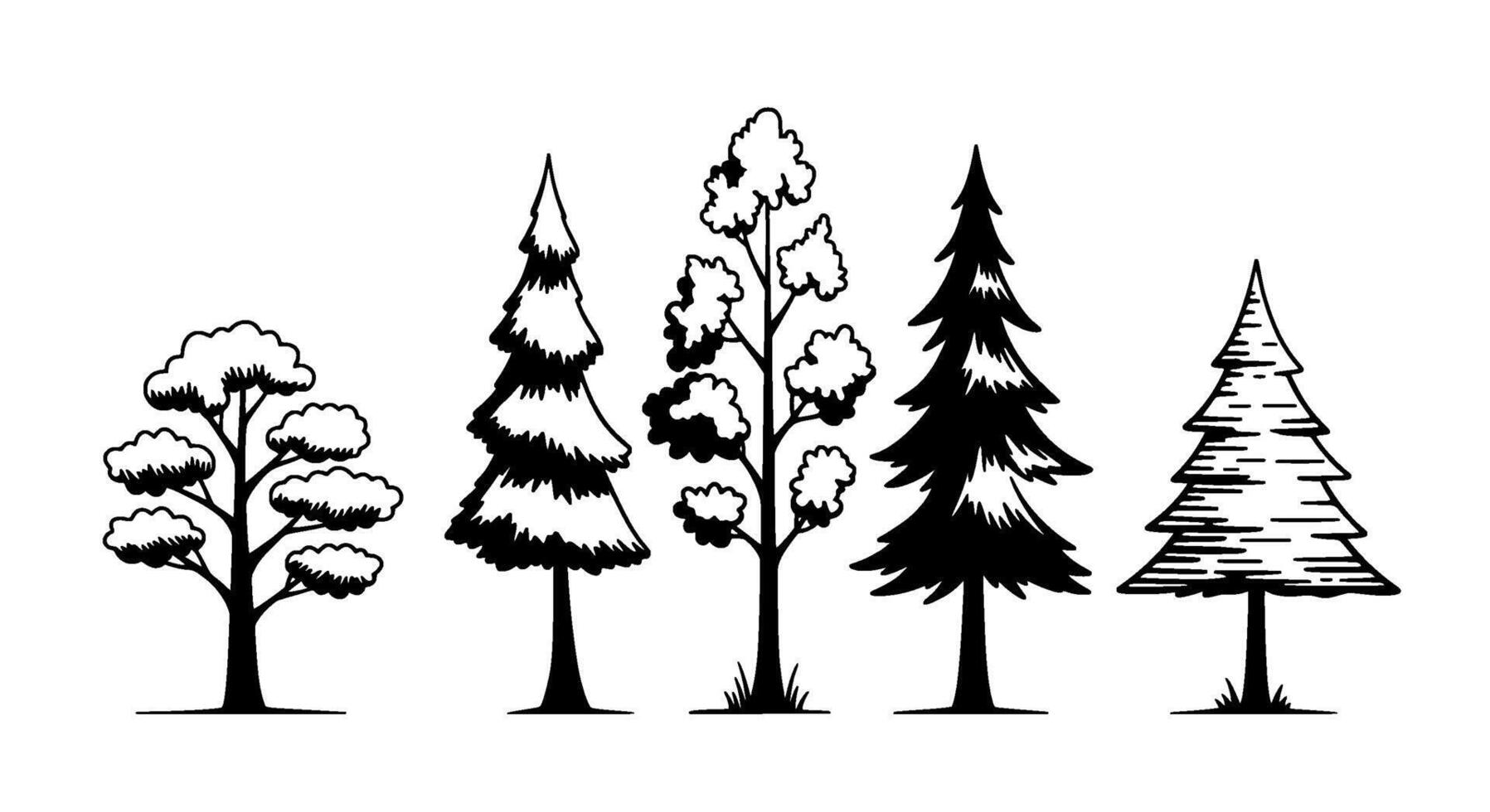 Four Stylized Trees Black Ink Drawing vector