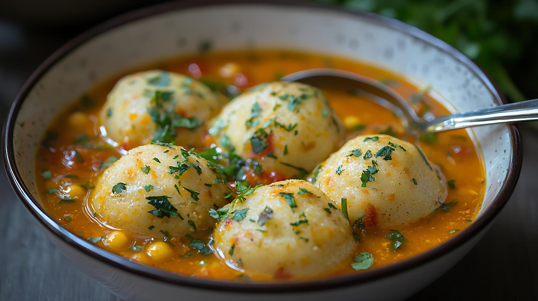 Creamy Potato Dumpling Soup with Chickpeas and Herbs Close Up Image of a Hearty Bowl. photo