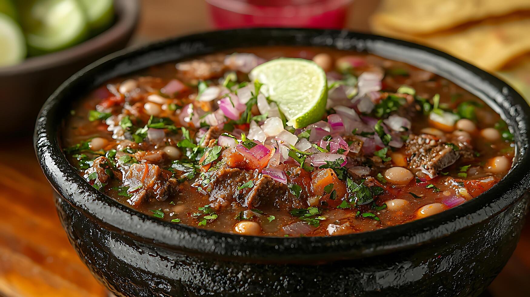 Close up of a Delicious Bowl of Spicy Beef and Bean Stew, Garnished with Lime and Onions. photo
