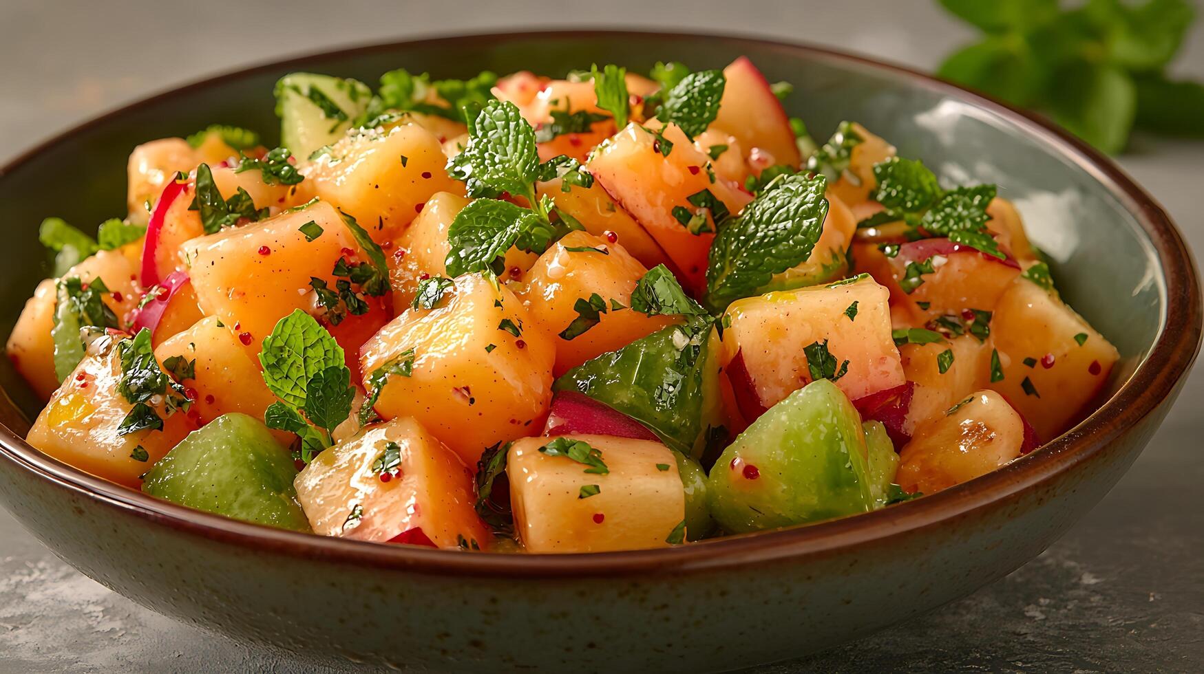 Close Up of a Refreshing Summer Fruit Salad with Mint. photo