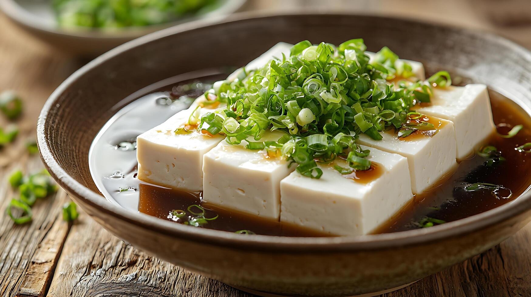 Close Up of Silken Tofu Cubes in a Savory Sauce, Garnished with Green Onions. photo