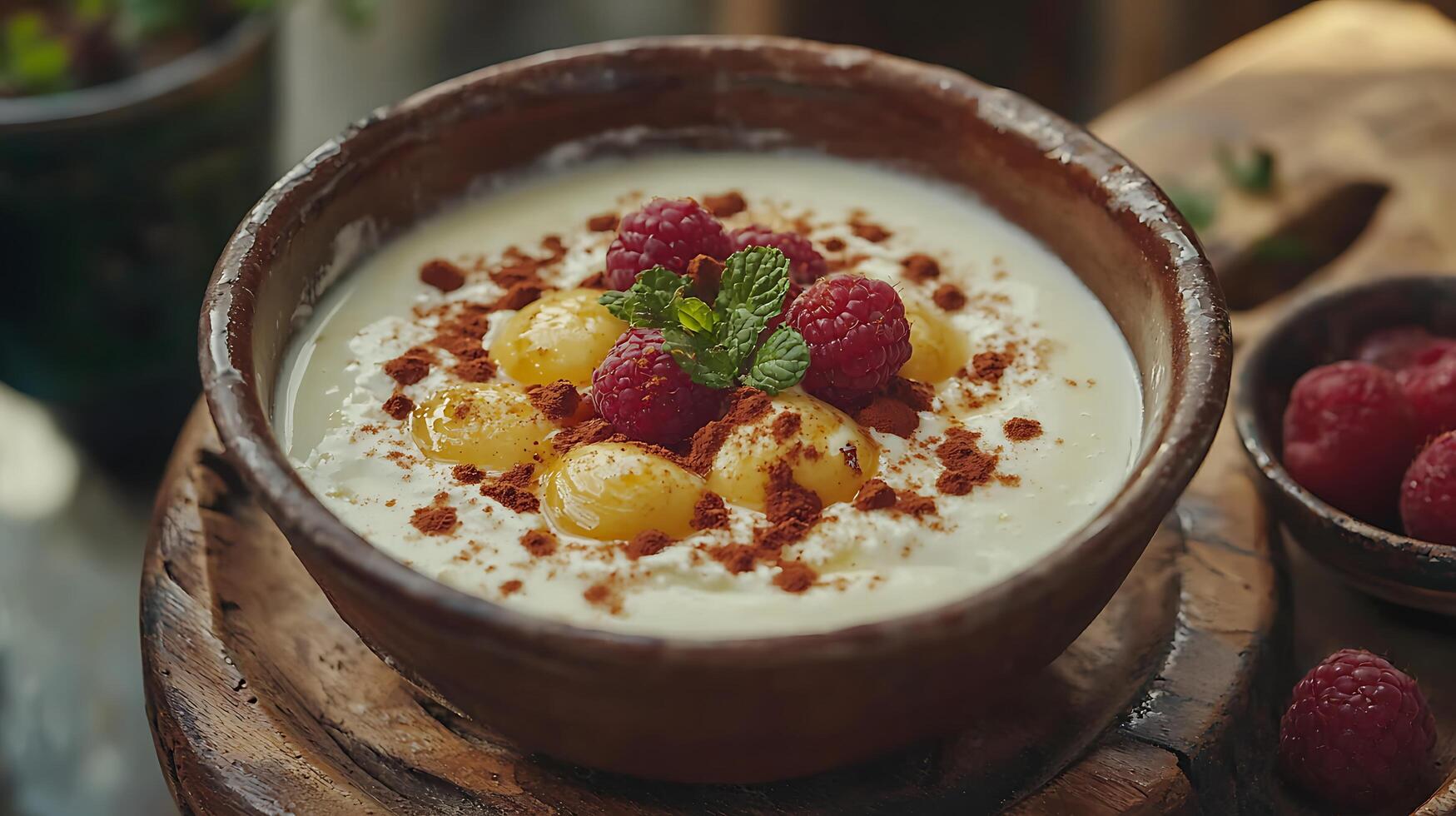 Creamy Yogurt Bowl with Honey, Raspberries, and Cocoa Powder A Delicious and Healthy Breakfast or Dessert. photo