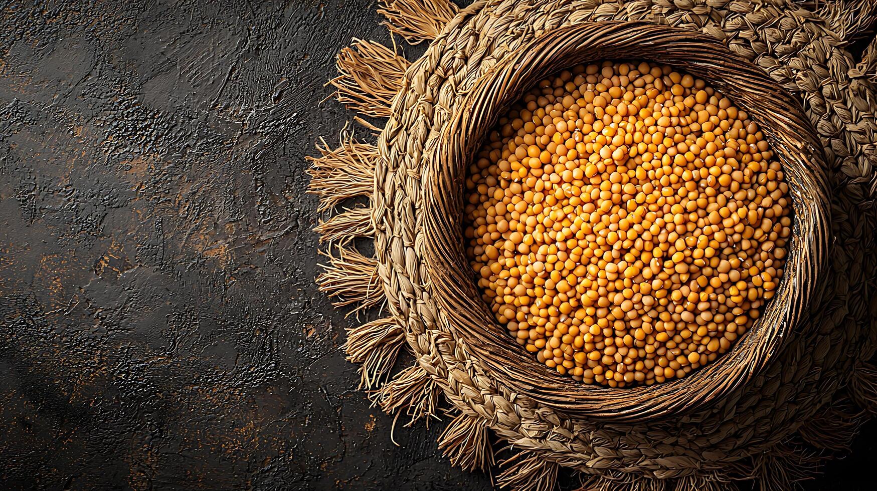 Golden Mustard Seeds in Rustic Basket on Dark Background. A high-angle close up of a wicker basket filled with yellow mustard seeds. photo