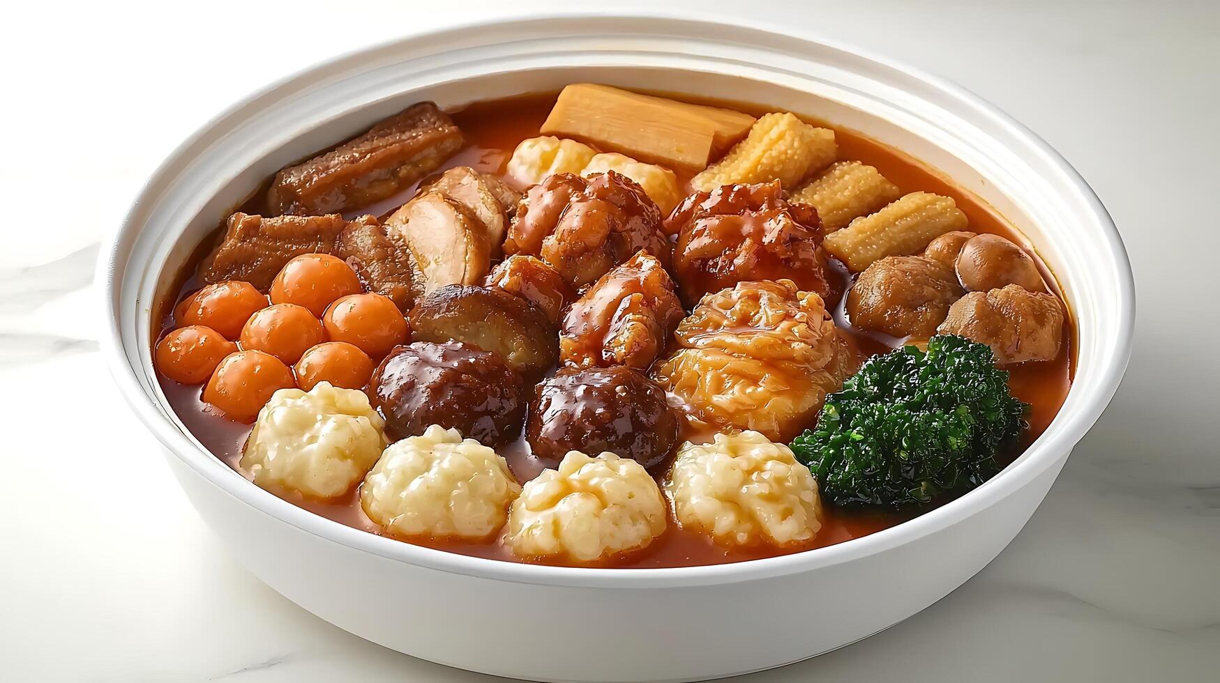 Delicious Asian Cuisine Close Up of a Steaming Hot Pot Filled with Assorted Meatballs, Vegetables, and Savory Sauce. photo