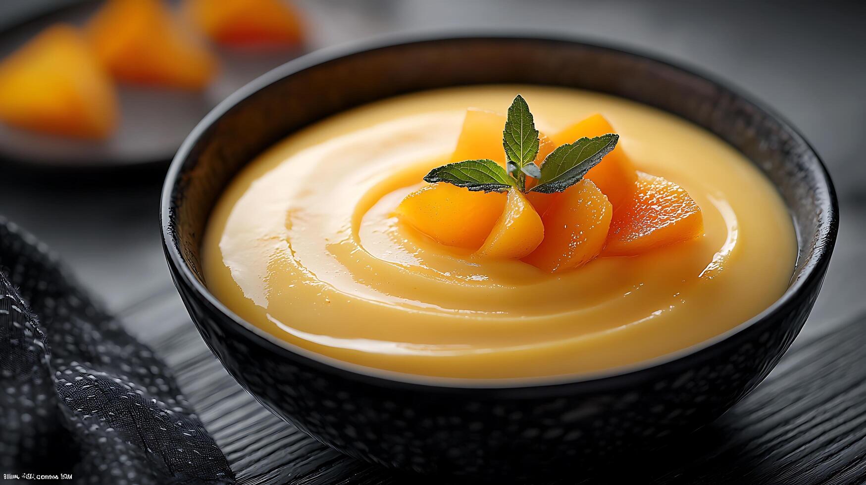 Creamy Peach Dessert in a Black Bowl Close up of a delicious and elegant sweet treat. photo