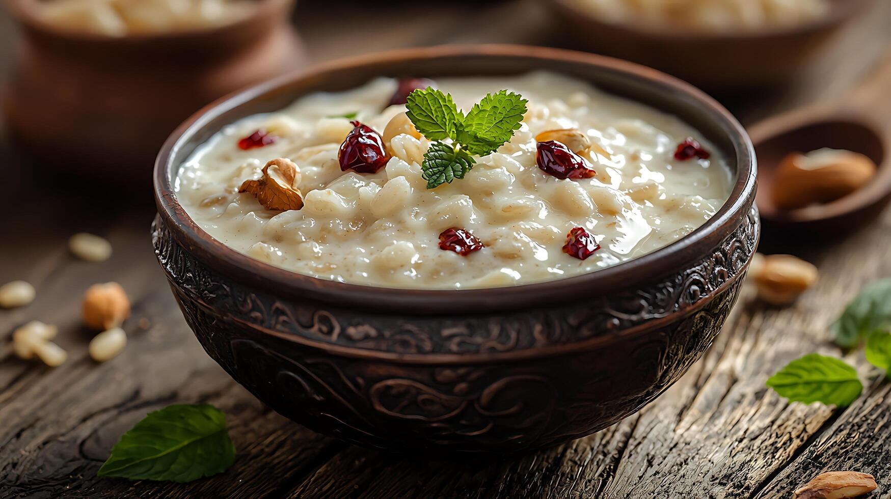 Creamy Rice Pudding with Cranberries and Nuts in a Rustic Bowl. A close up image of a delicious and comforting dessert. photo