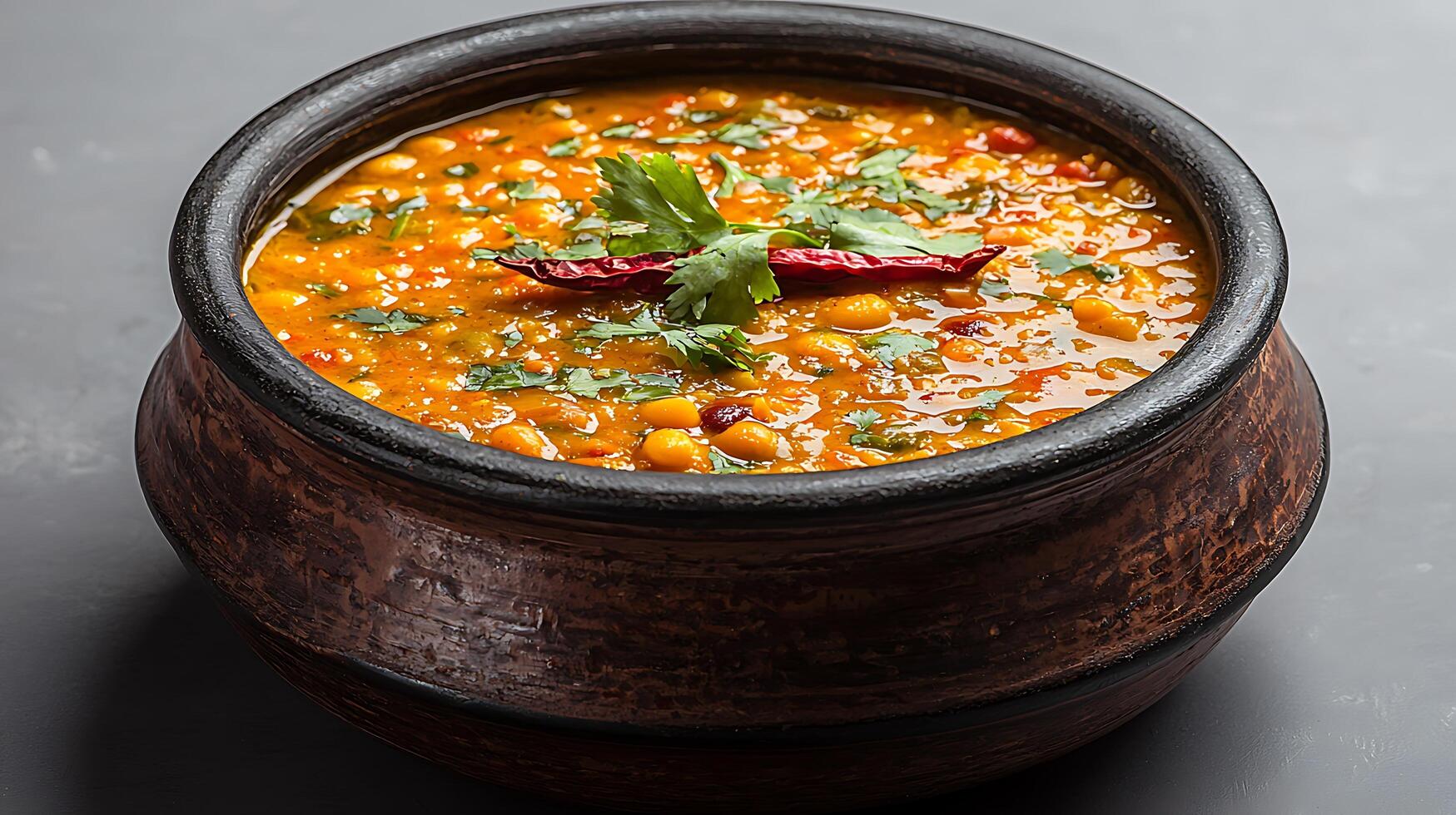 Close Up of Spicy Lentil Stew in Earthenware Bowl. photo