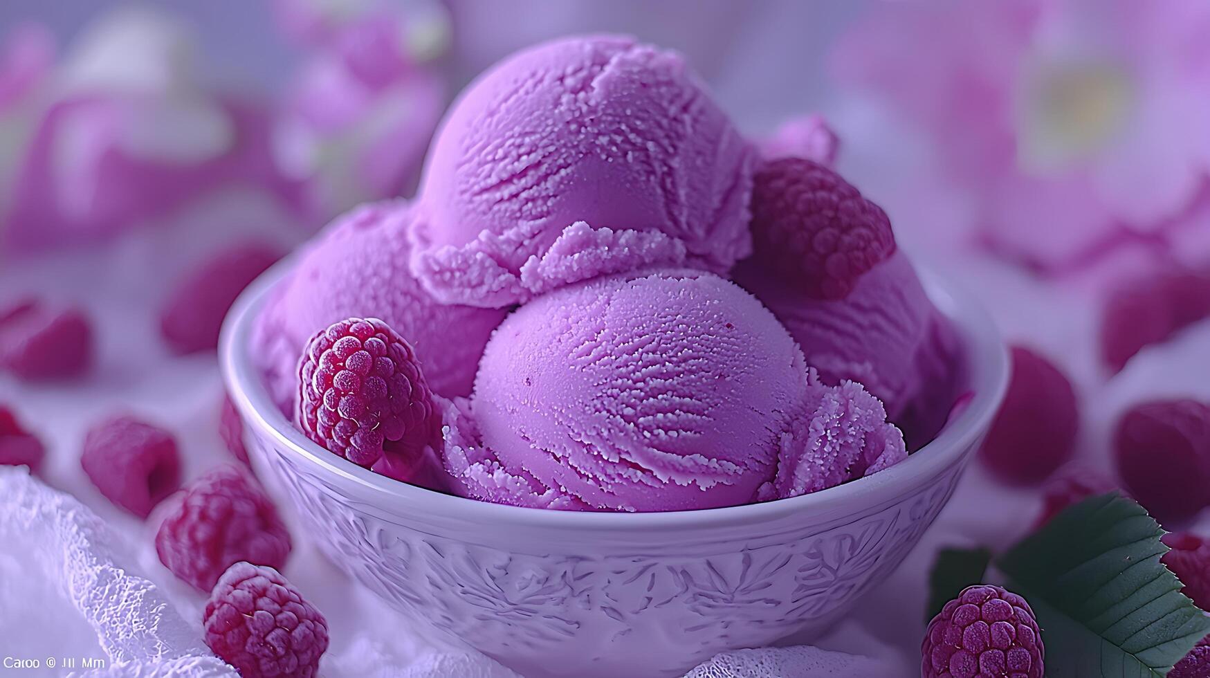 Close Up of Delicious Raspberry Ice Cream Scoops in a Purple Bowl. photo