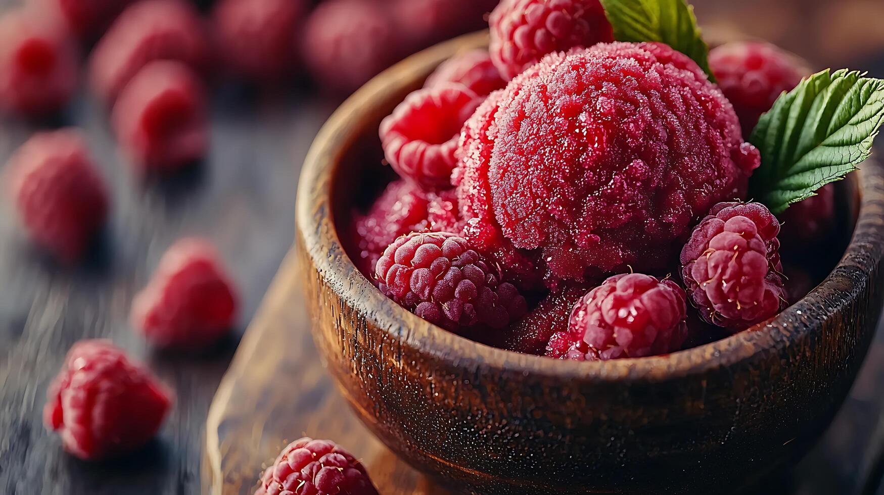 Close Up of Raspberry Sorbet in a Wooden Bowl with Fresh Raspberries. photo