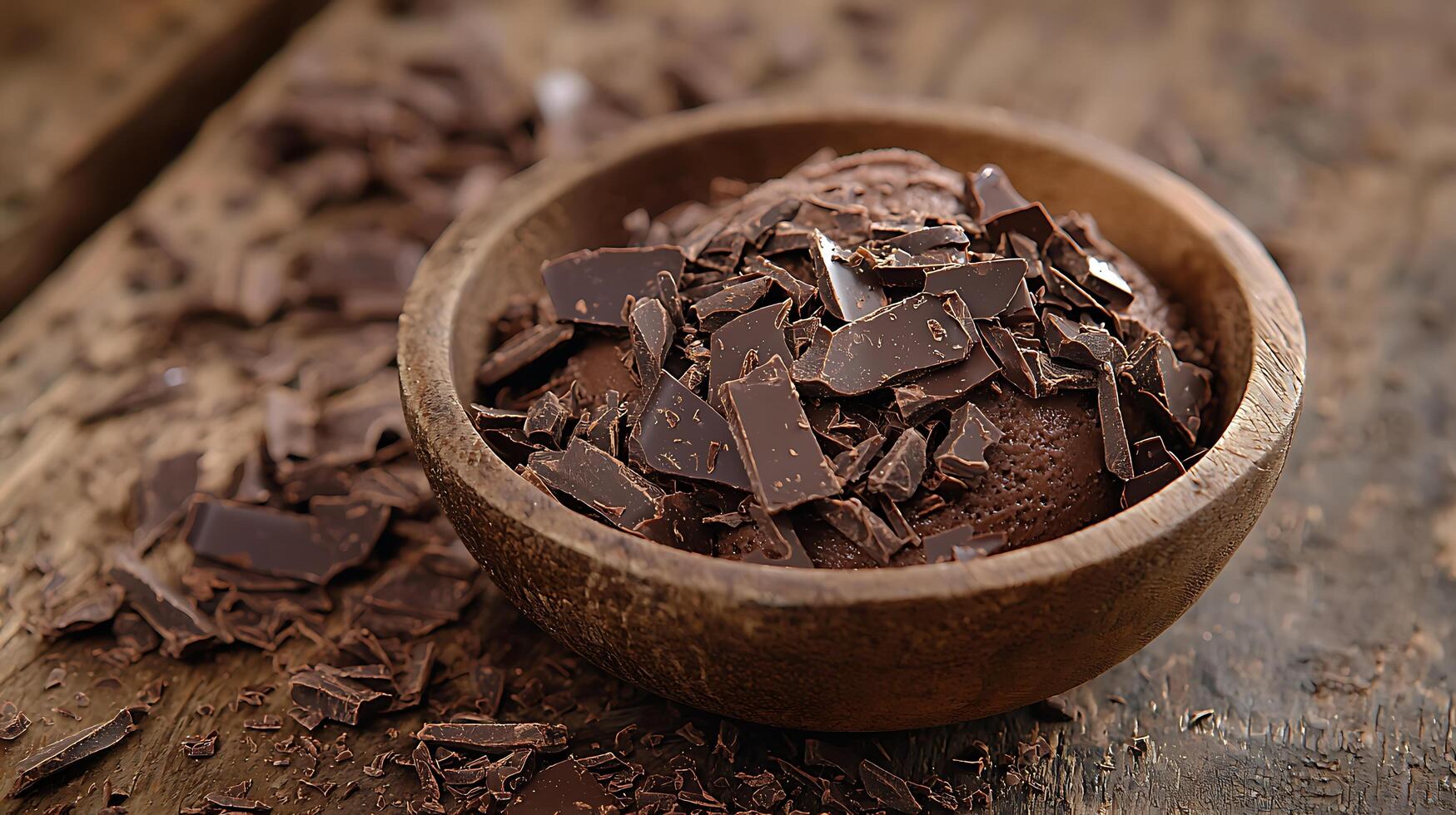 Delicious Chocolate Ice Cream with Shavings in Wooden Bowl. A close up image of rich chocolate ice cream topped with chocolate shavings. photo