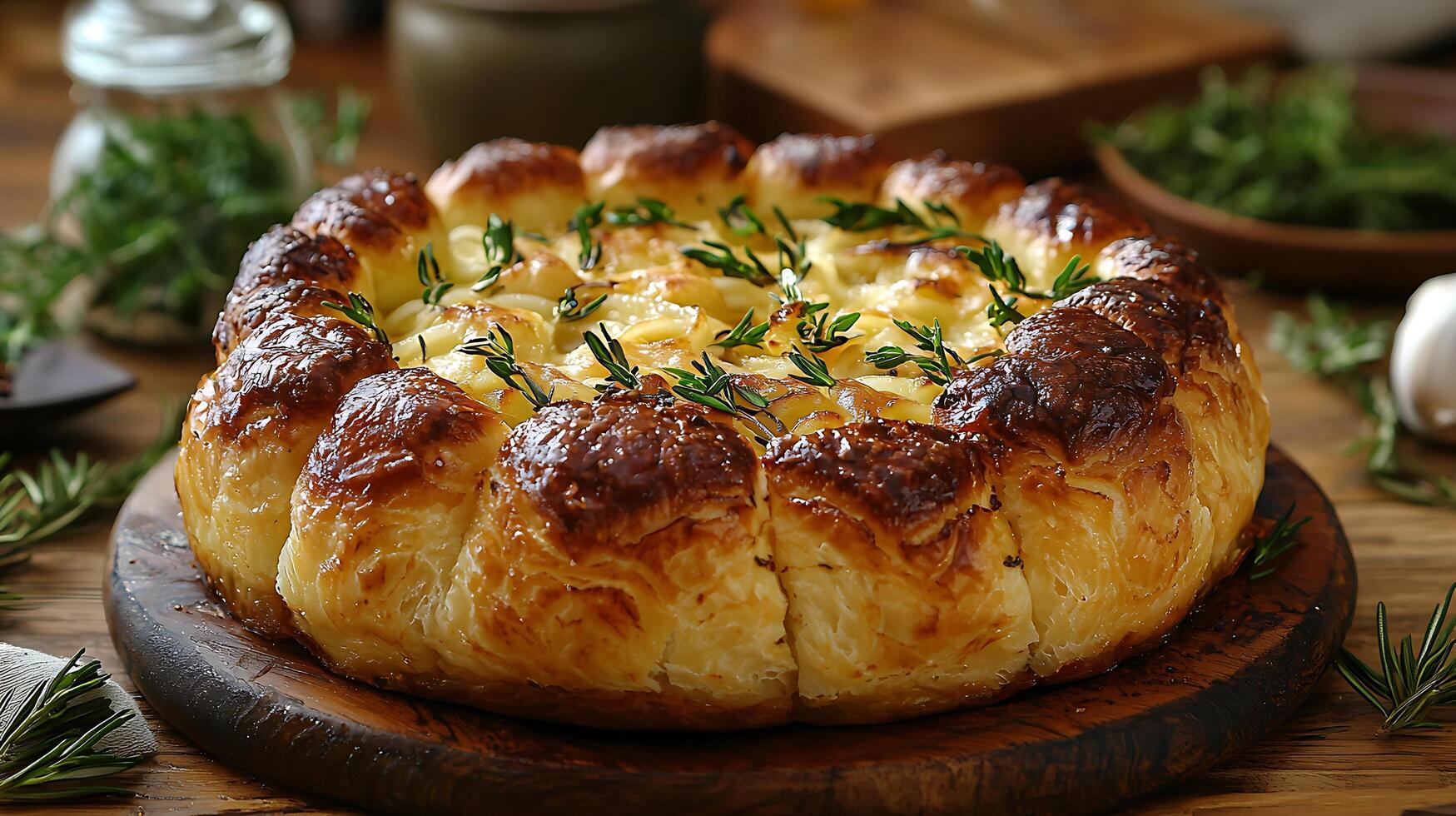 Golden Baked Pull Apart Bread with Garlic and Herbs. A close up image of a delicious homemade bread perfect for a holiday gathering. photo