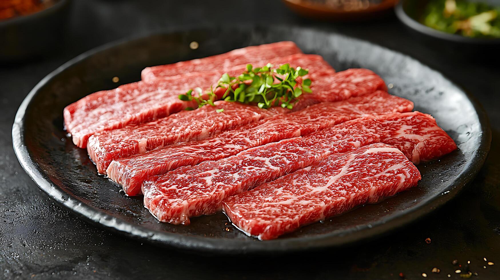 Close Up of Raw Marinated Beef Slices Ready for Grilling. photo