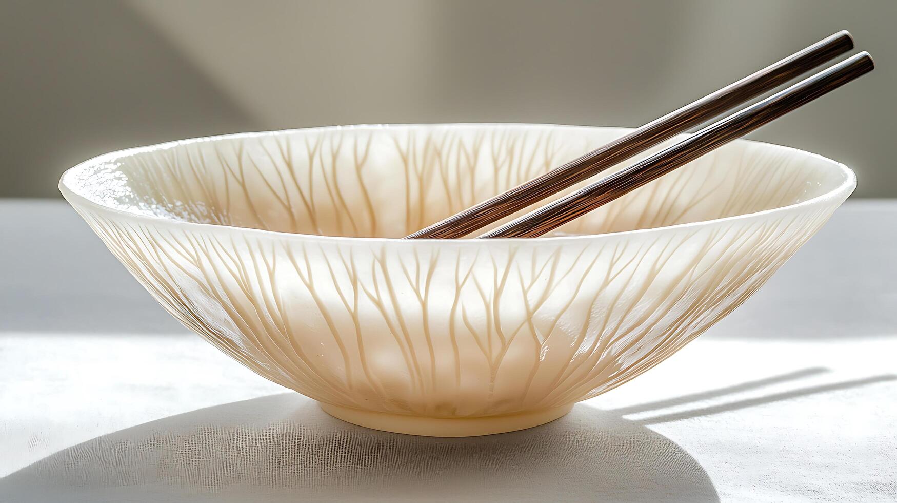 Elegant Beige Bowl with Tree Branch Design and Chopsticks. A close up image of a stylish serving bowl perfect for Asian cuisine. photo