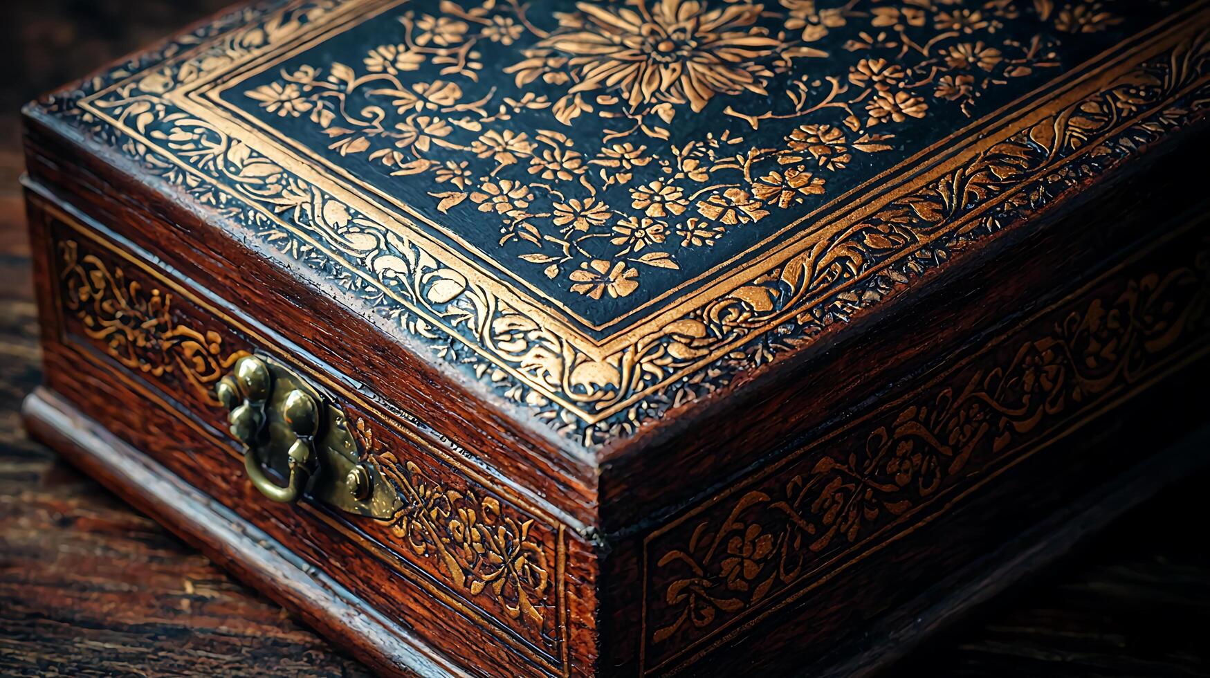 Ornate Wooden Box with Intricate Gold Floral Design, Close Up View. photo