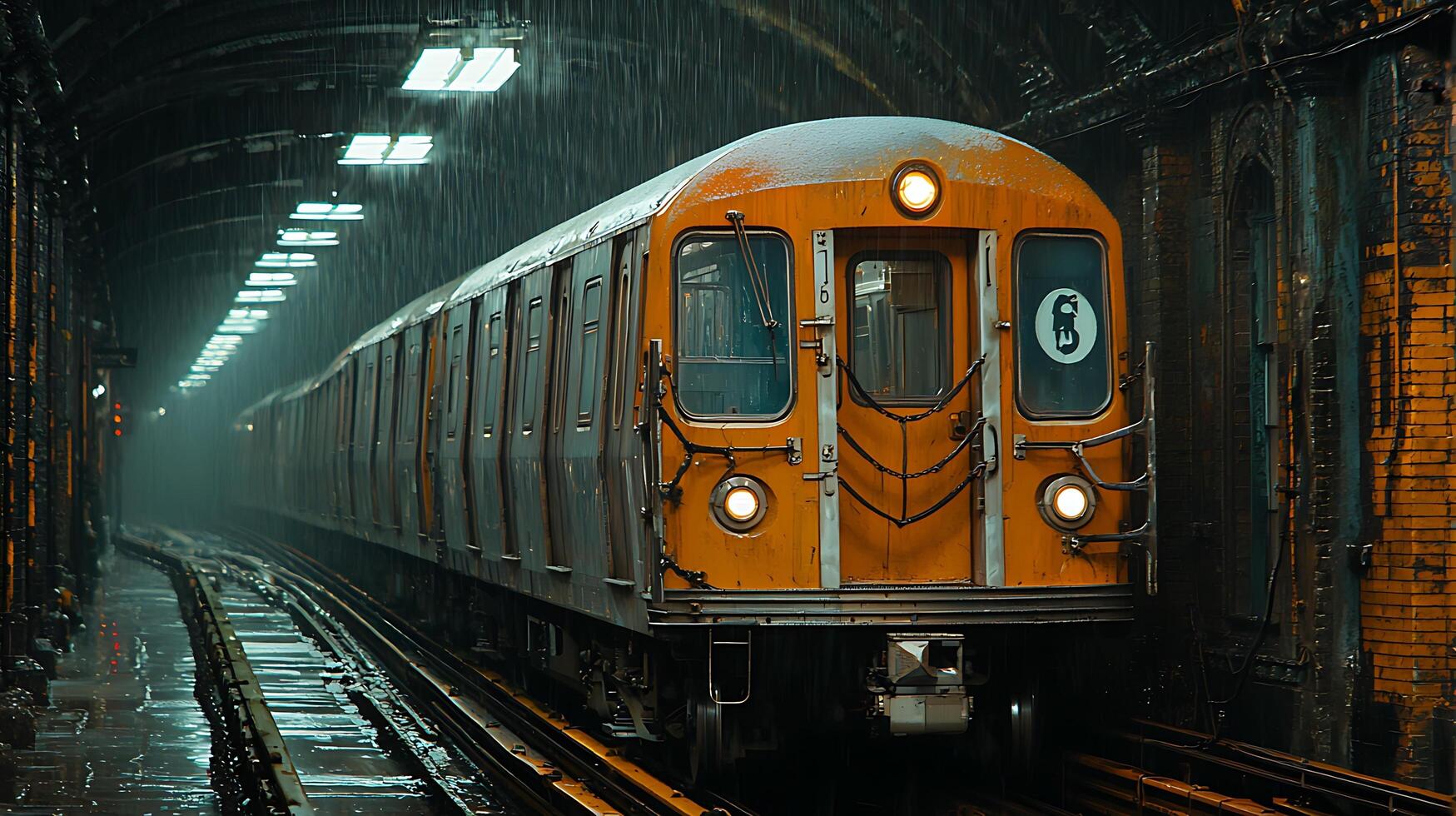 Subway Train Arriving in a Rain-Soaked Tunnel. A close up view of a vintage subway car entering a dark, wet station. photo