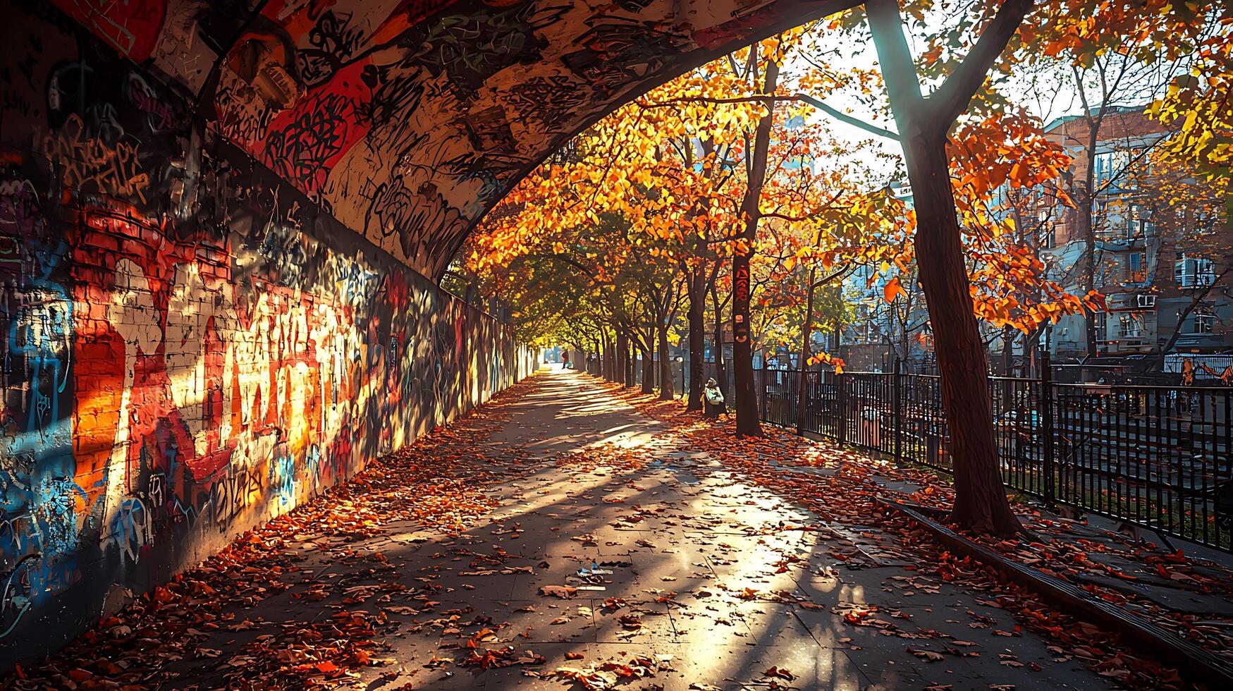 Autumnal Walkway Under a Graffiti-Covered Archway. A picturesque path lined with golden leaves, passing under a vibrant graffiti-covered arch. photo
