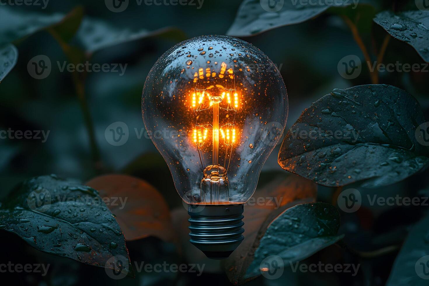 Illuminated Lightbulb Amidst Lush Greenery for Environmental and Creative Concepts photo