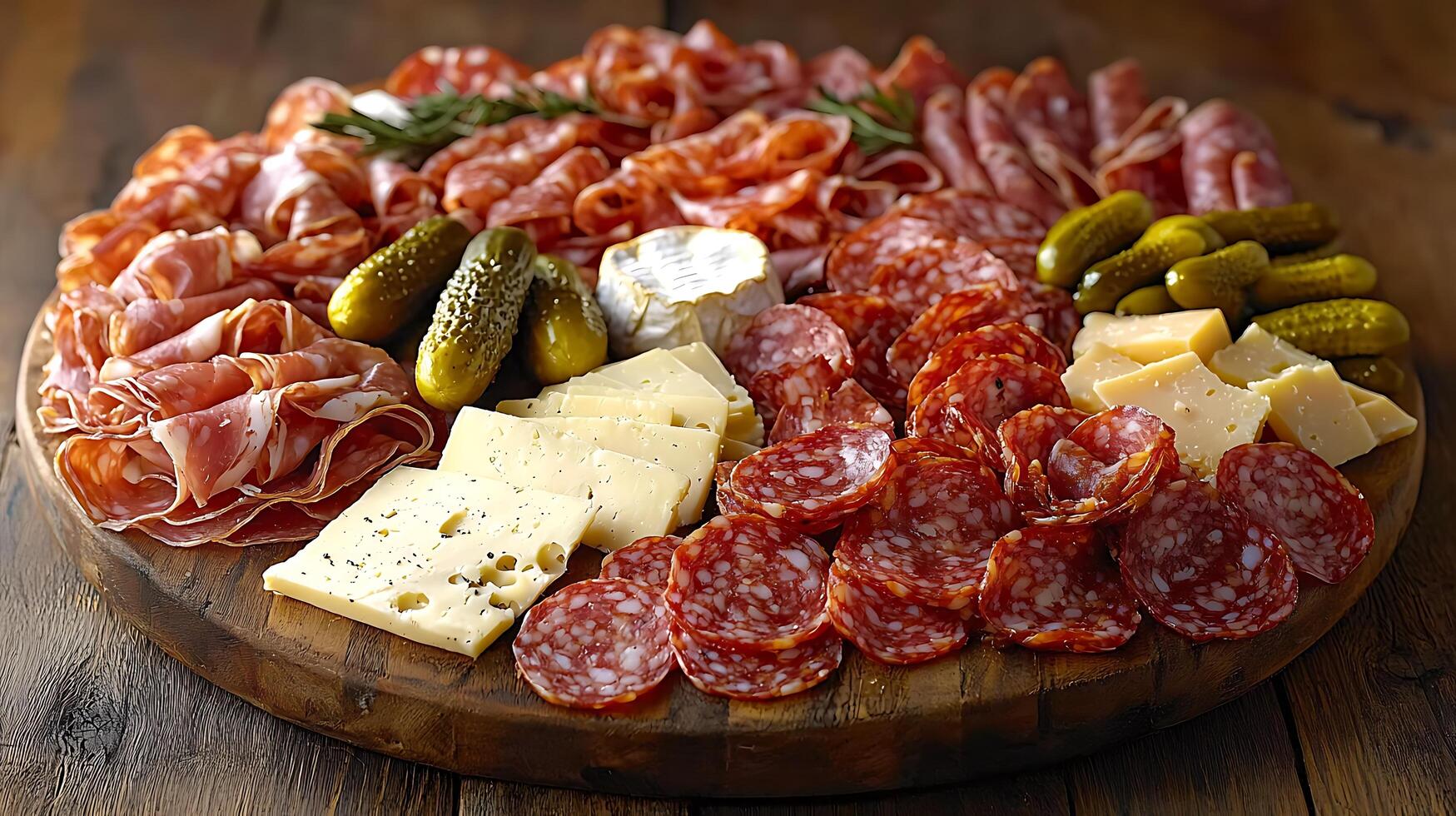 Gourmet Charcuterie Board A Close Up of Delicious Salami, Cheese, and Pickles. photo
