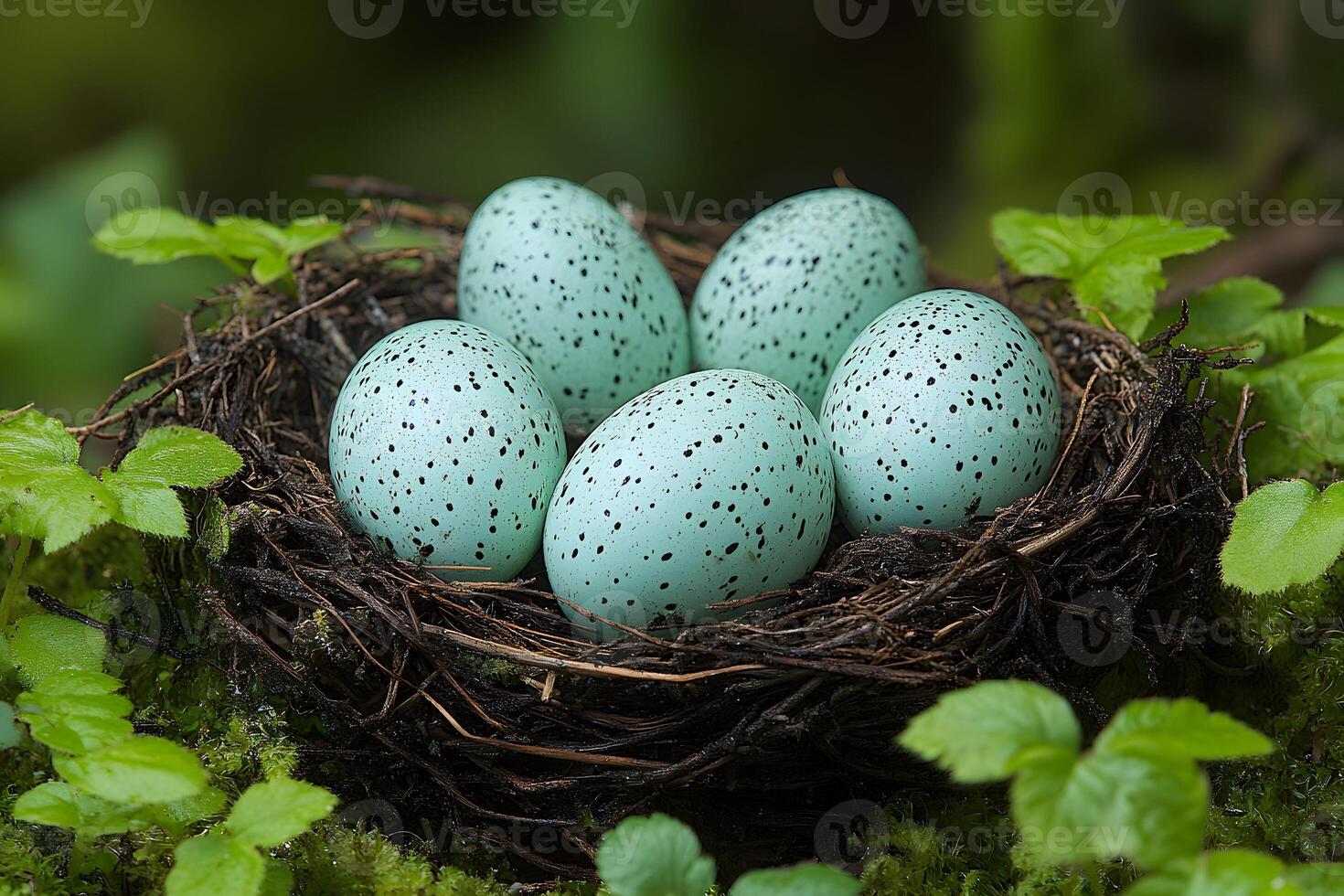 Speckled Blue Eggs in Nest Springtime Nature and Wildlife Concept for Easter Decor photo
