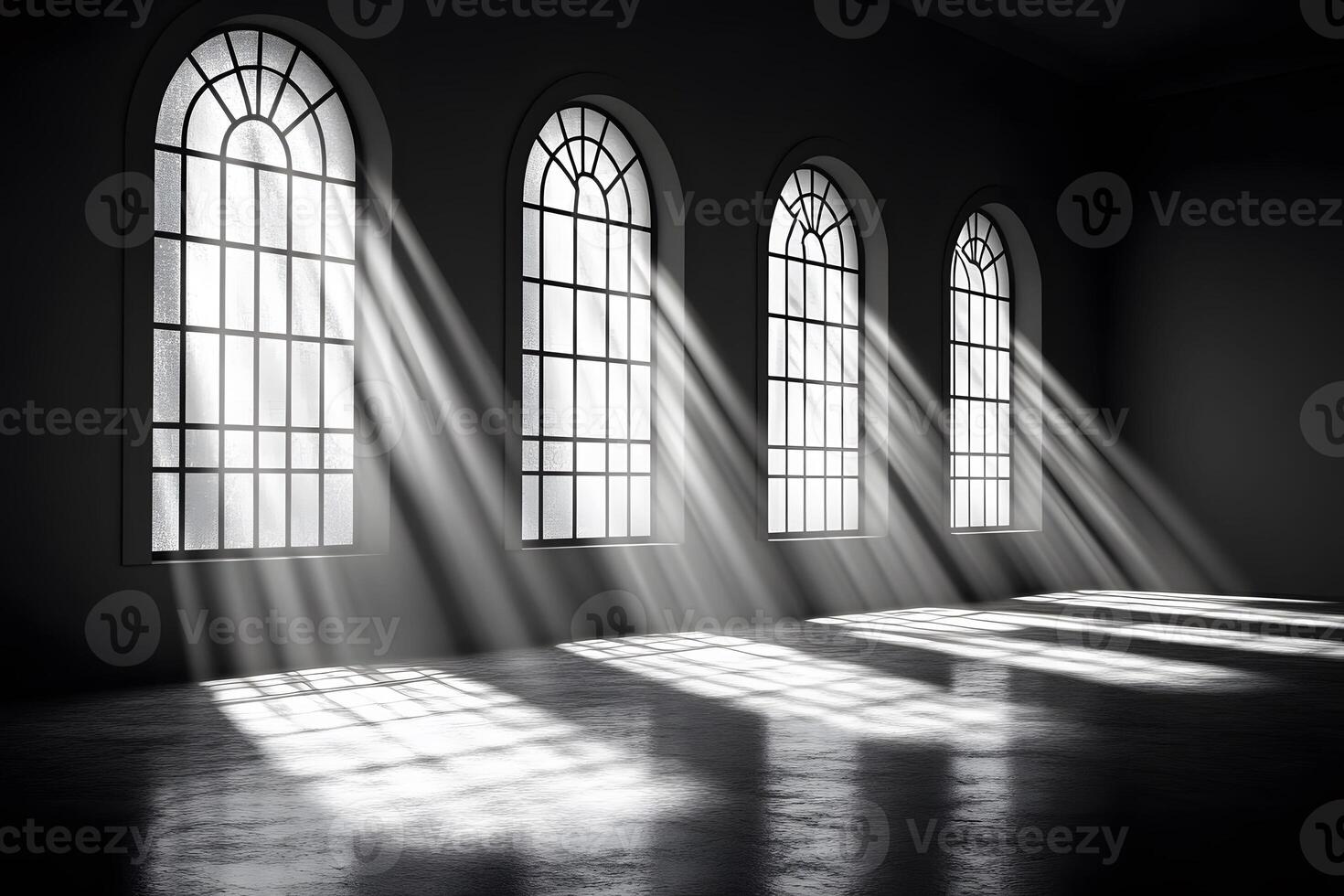 Sunlight Streaming Through Arched Windows in Dark Interior for Architecture Design photo
