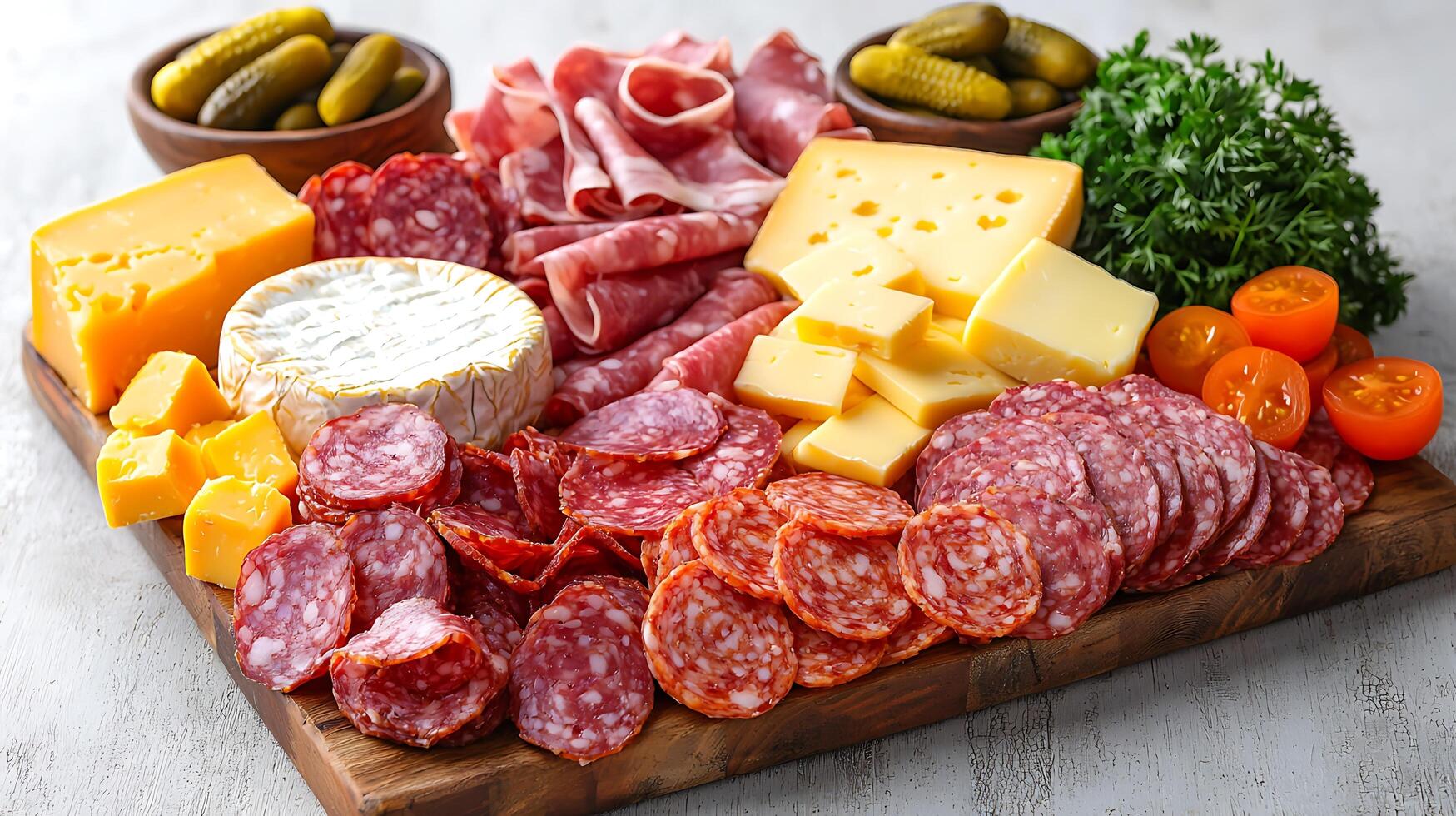 Gourmet Cheese and Salami Platter A Close Up of Delicious Appetizers. photo