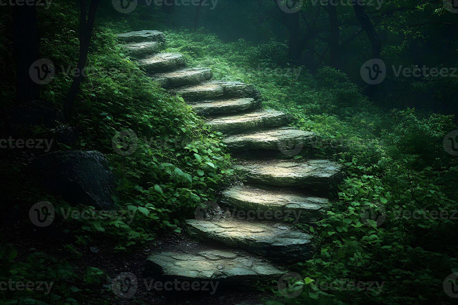 Mystical Stone Stairway in Lush Forest - Nature's Path to Tranquility photo