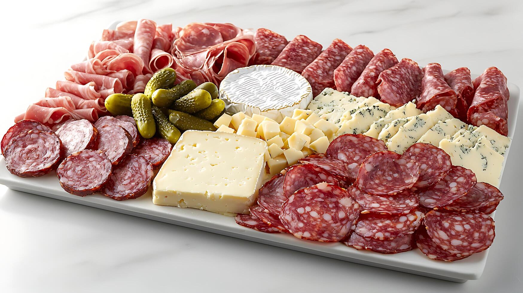 Gourmet Cheese and Charcuterie Board A Delicious Spread of Salami, Cheese, and Pickles. photo