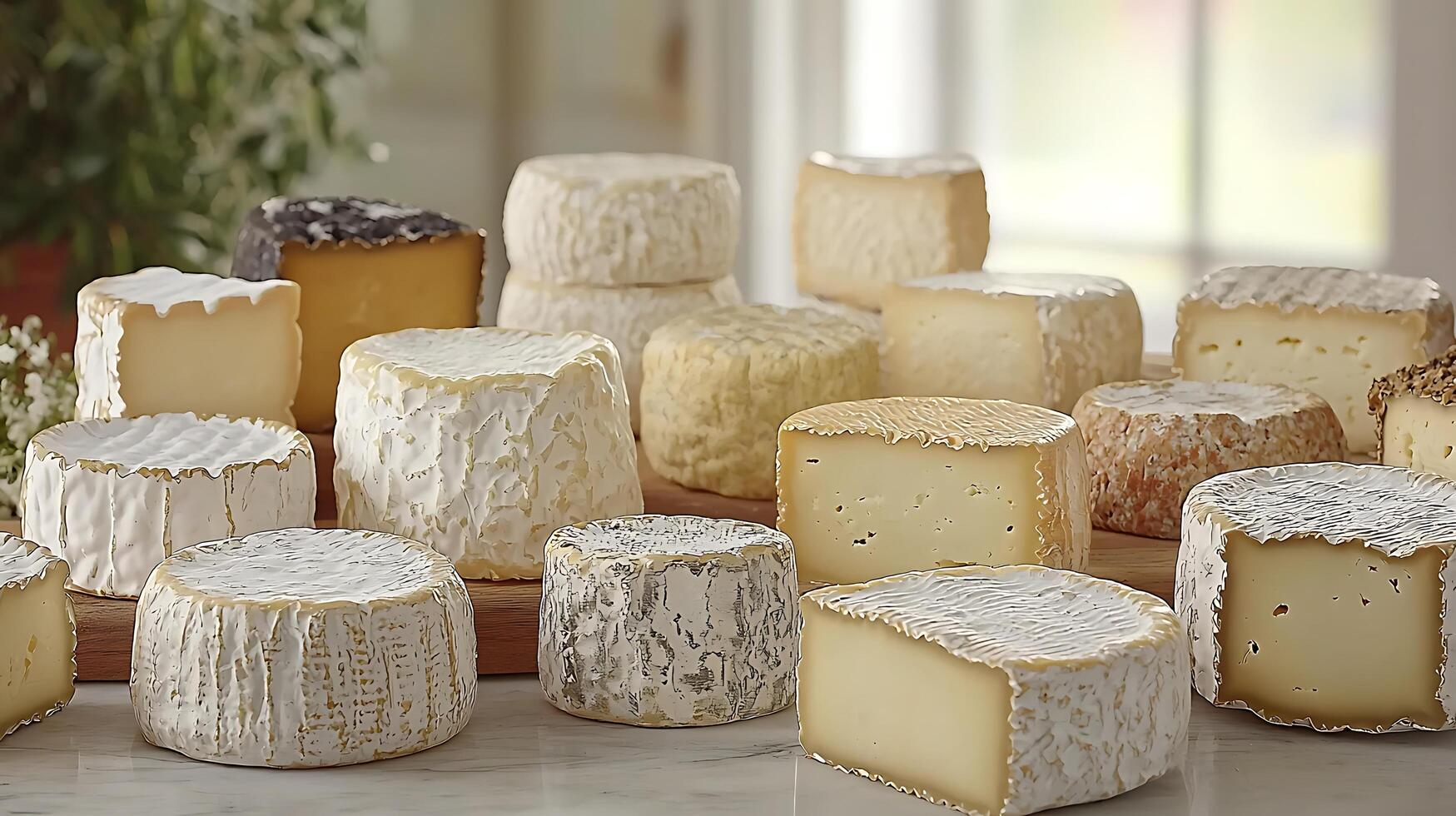 Assortment of Artisan Cheeses Close Up of Creamy, Rind-Covered Wheels and Blocks. photo