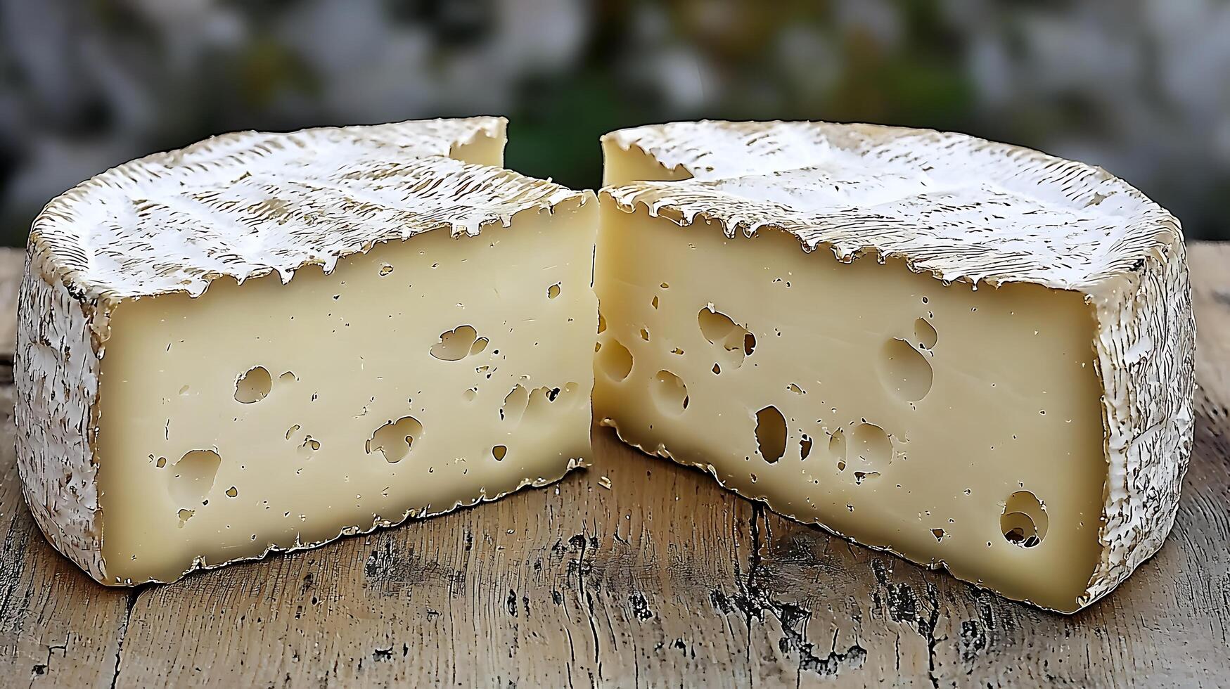 Close up of a wheel of cheese cut in half, showing its creamy texture and holes. photo