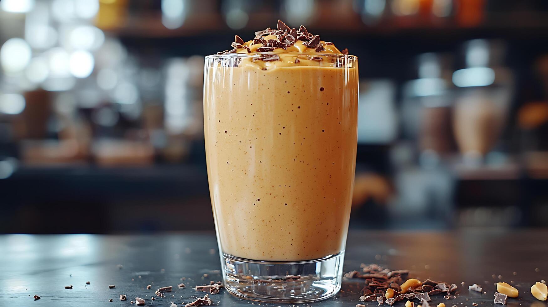 Delicious Peanut Butter Smoothie with Chocolate Shavings in a Glass. photo