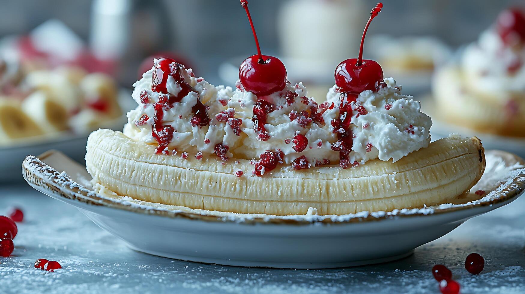 Close up of a delicious banana split dessert with whipped cream and cherries. photo